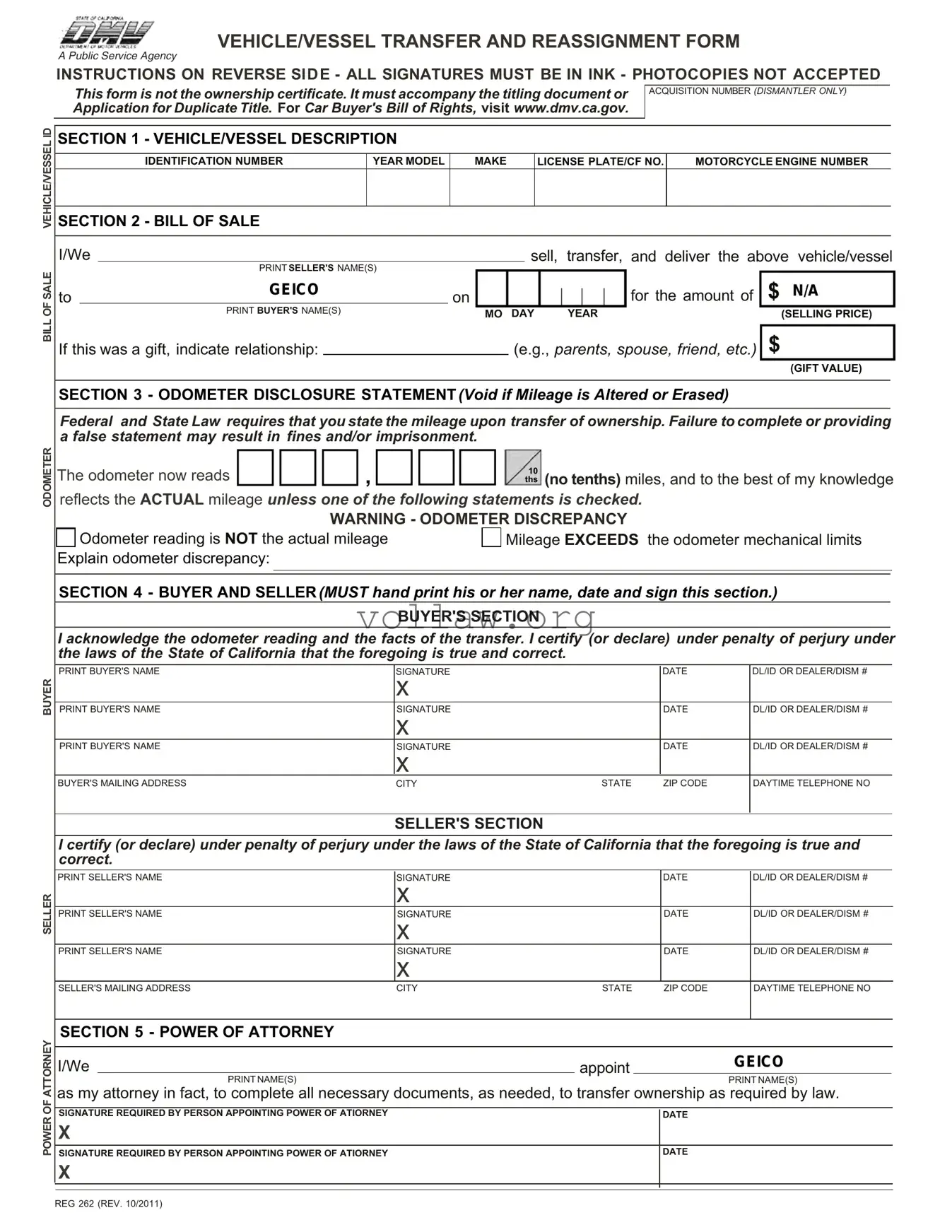 California Fotm Reg 262 Template