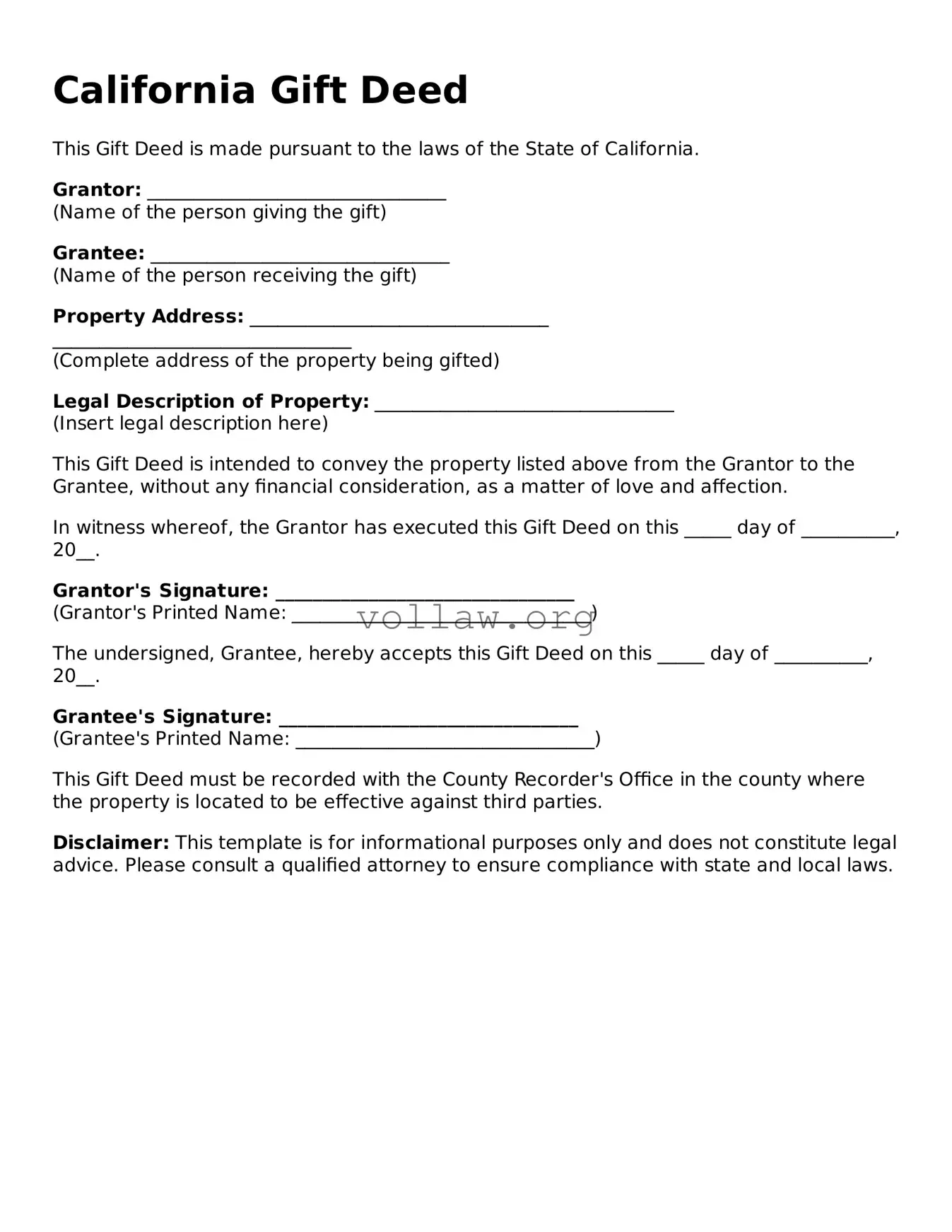 Attorney-Verified  Gift Deed Form for California