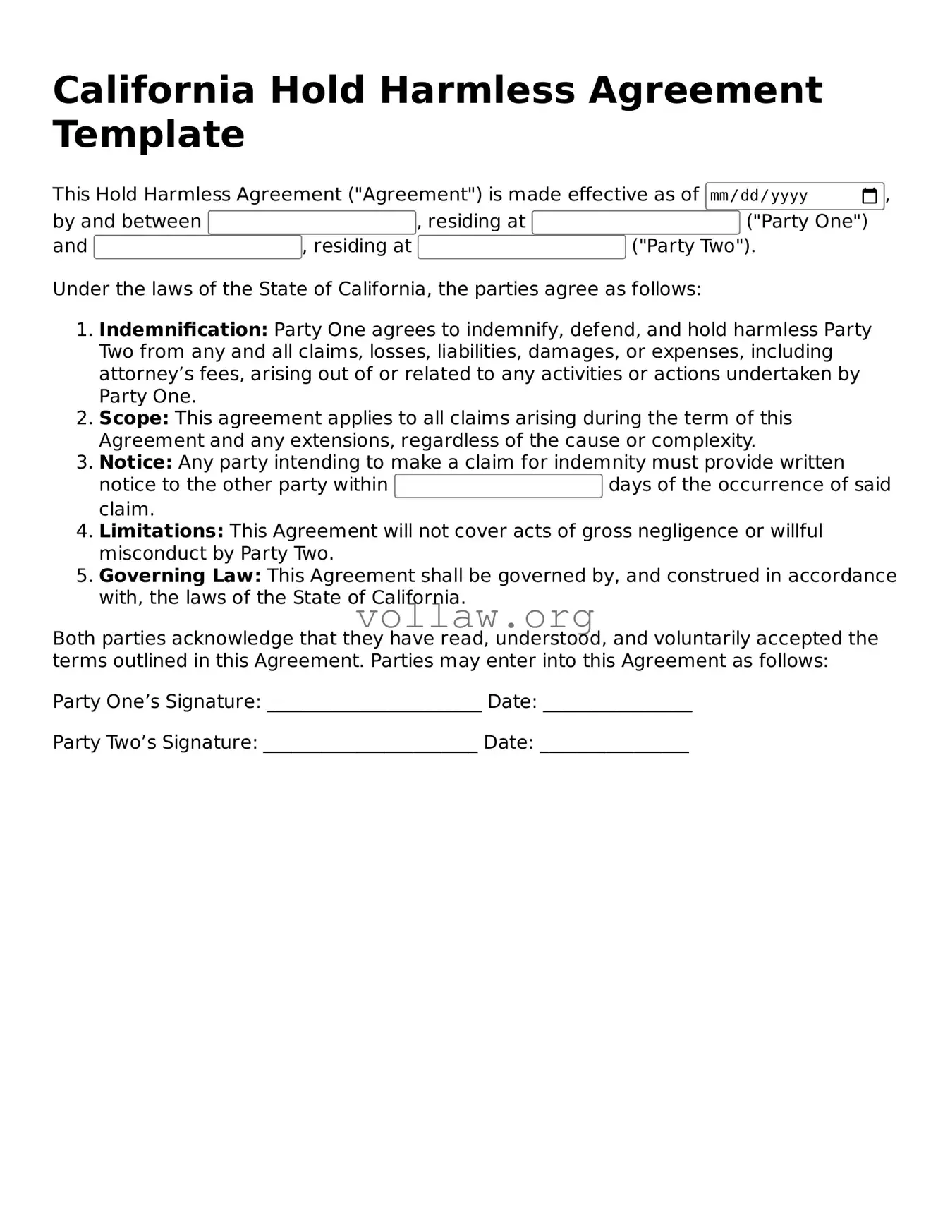 Attorney-Verified  Hold Harmless Agreement Form for California