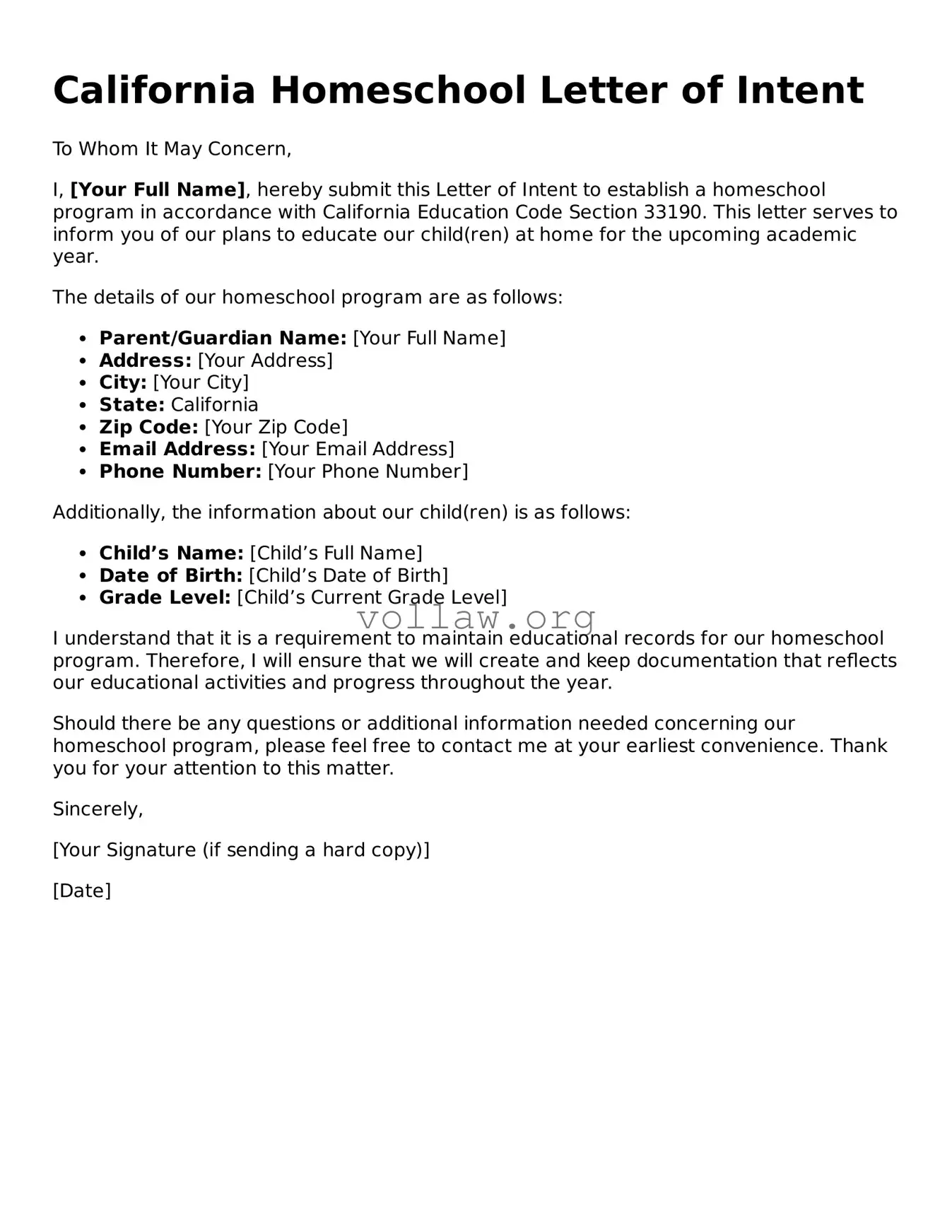 Attorney-Verified  Homeschool Letter of Intent Form for California