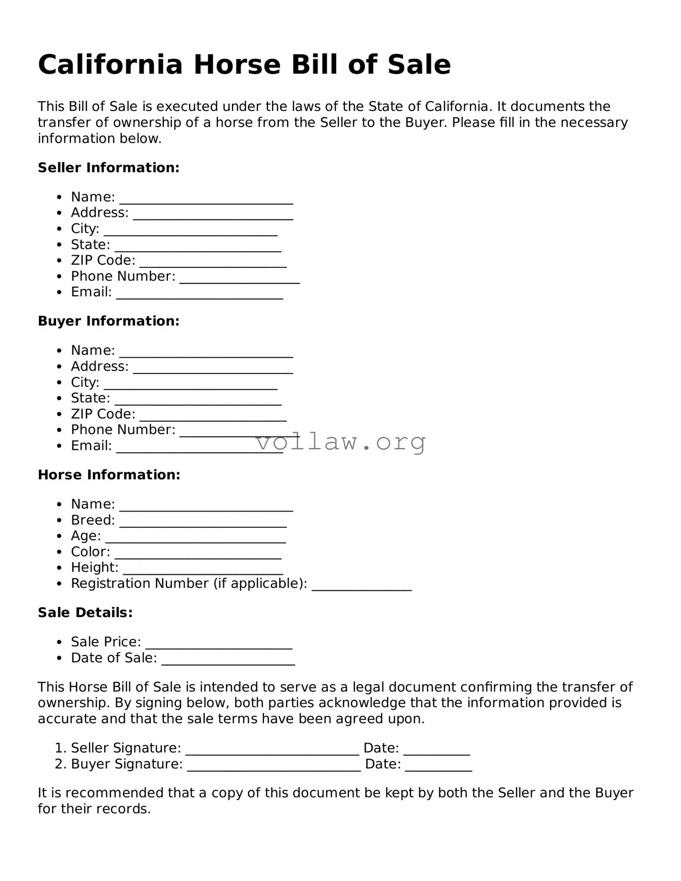 Attorney-Verified  Horse Bill of Sale Form for California