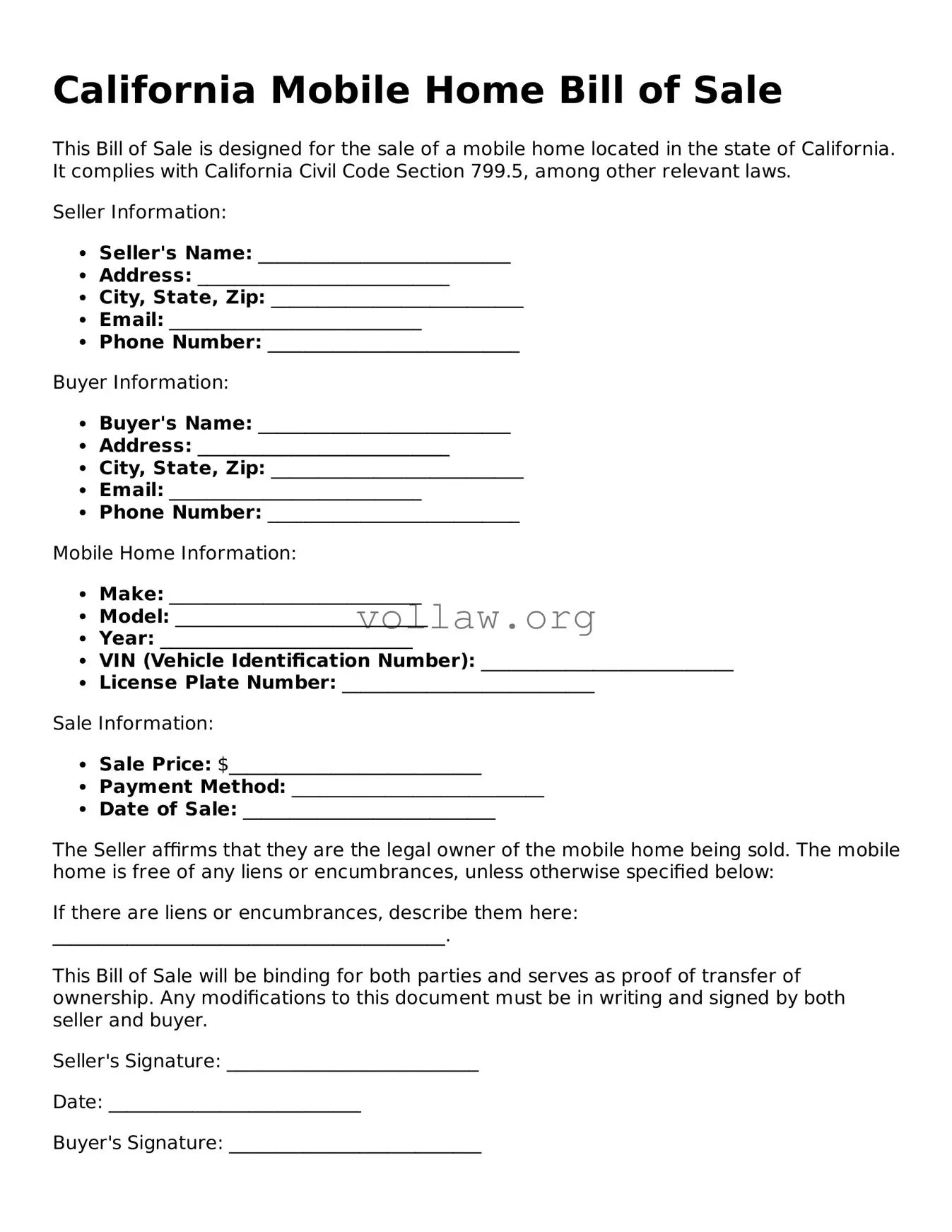 Attorney-Verified  Mobile Home Bill of Sale Form for California