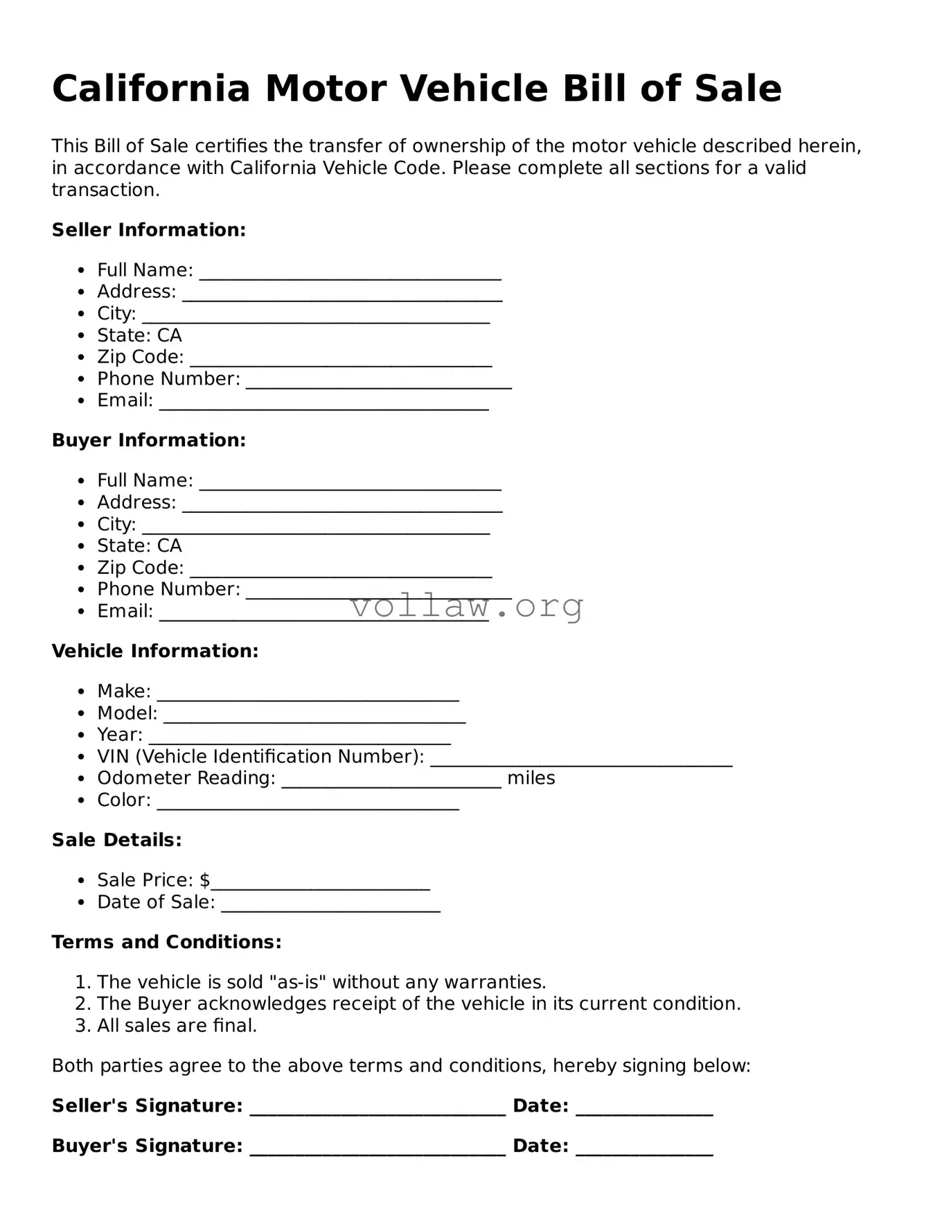 Attorney-Verified  Motor Vehicle Bill of Sale Form for California