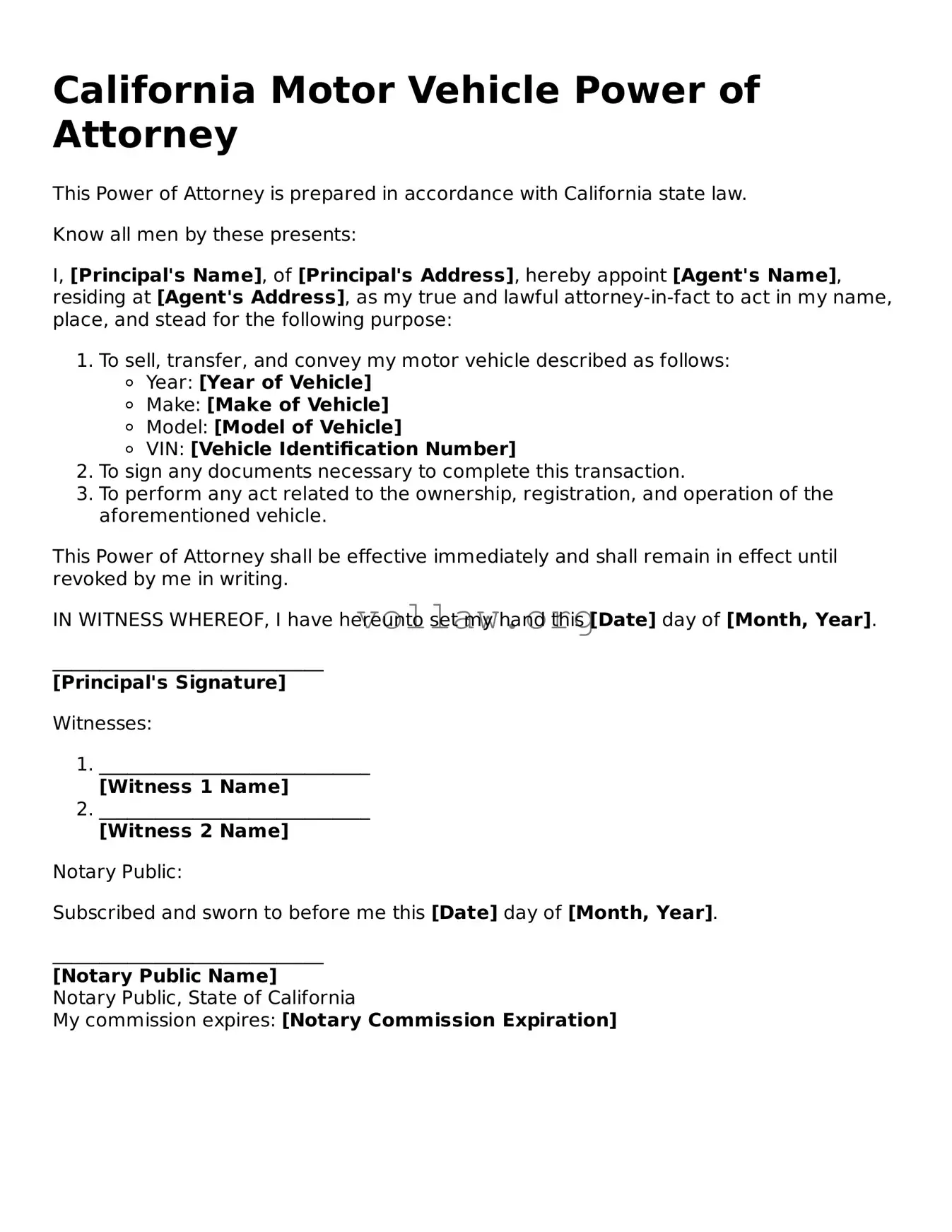 Attorney-Verified  Motor Vehicle Power of Attorney Form for California