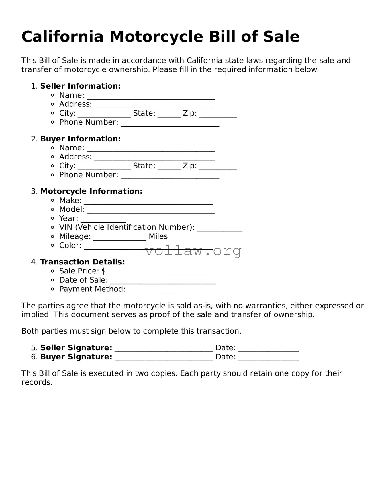 Attorney-Verified  Motorcycle Bill of Sale Form for California