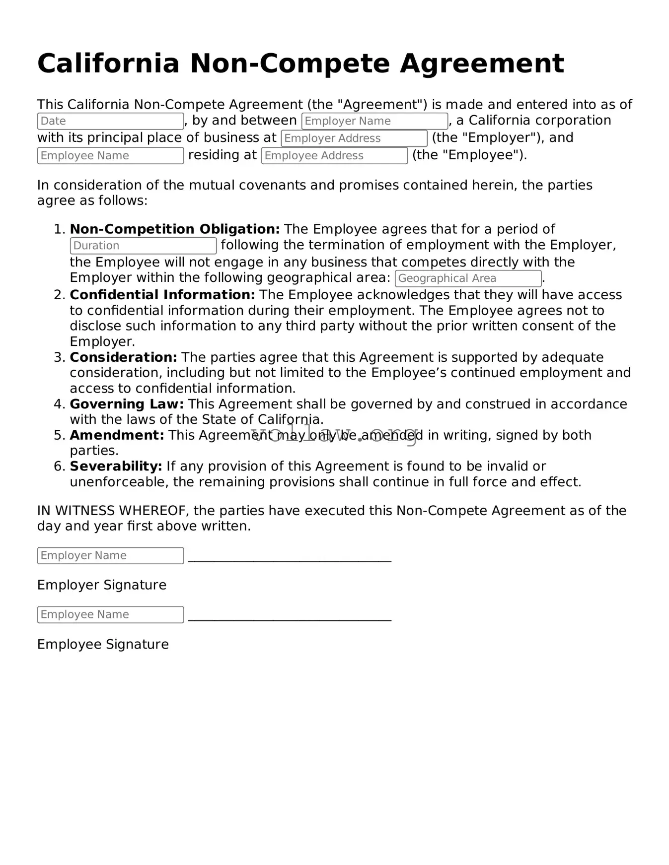 Attorney-Verified  Non-compete Agreement Form for California