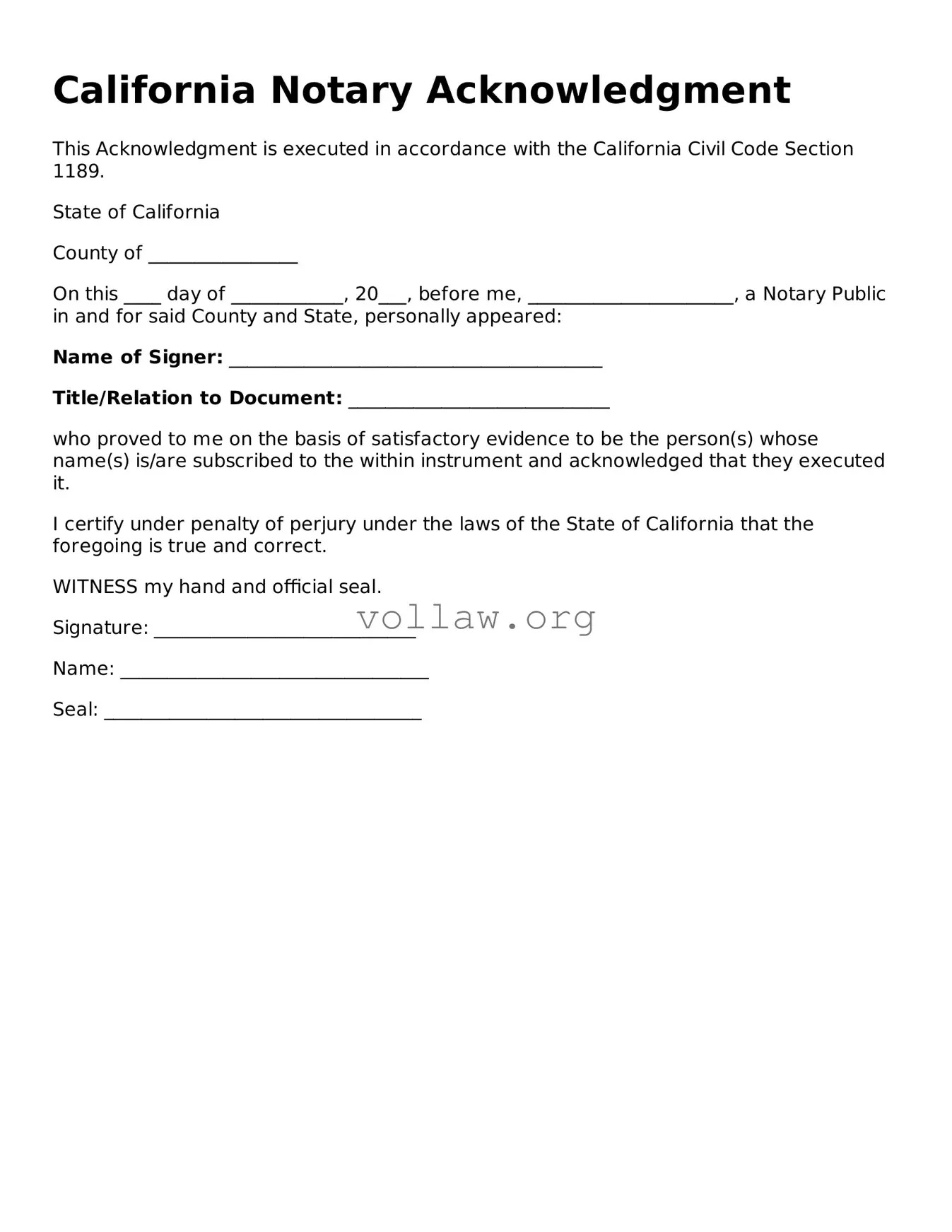 Attorney-Verified  Notary Acknowledgement Form for California