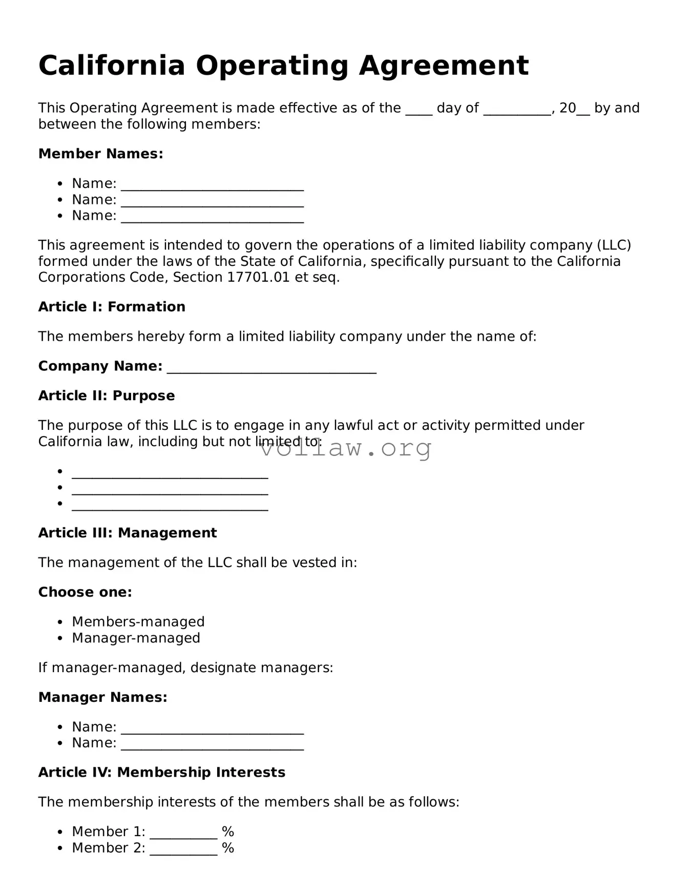 Attorney-Verified  Operating Agreement Form for California