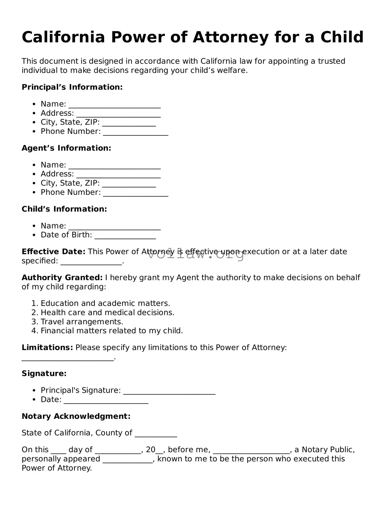 Attorney-Verified  Power of Attorney for a Child Form for California