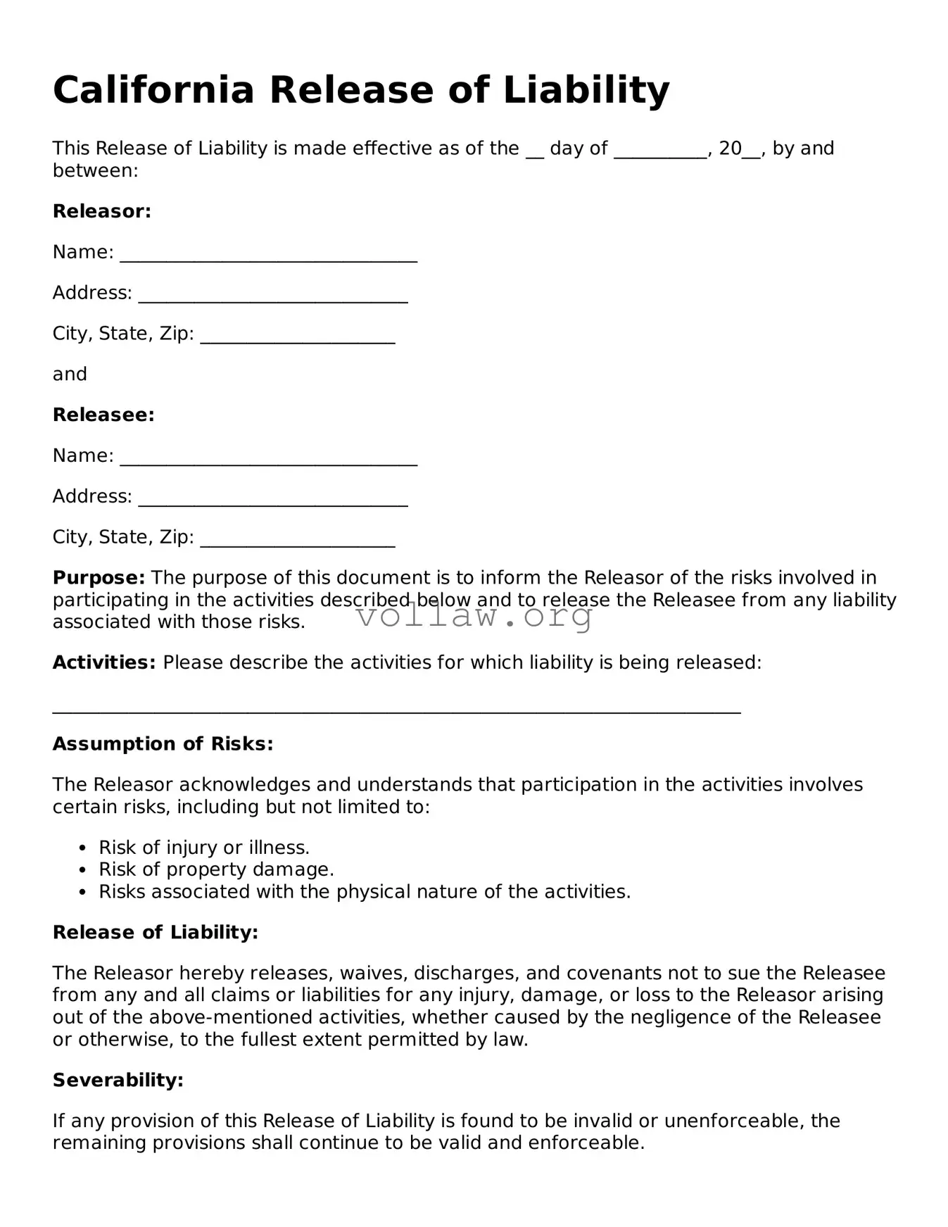 Attorney-Verified  Release of Liability Form for California