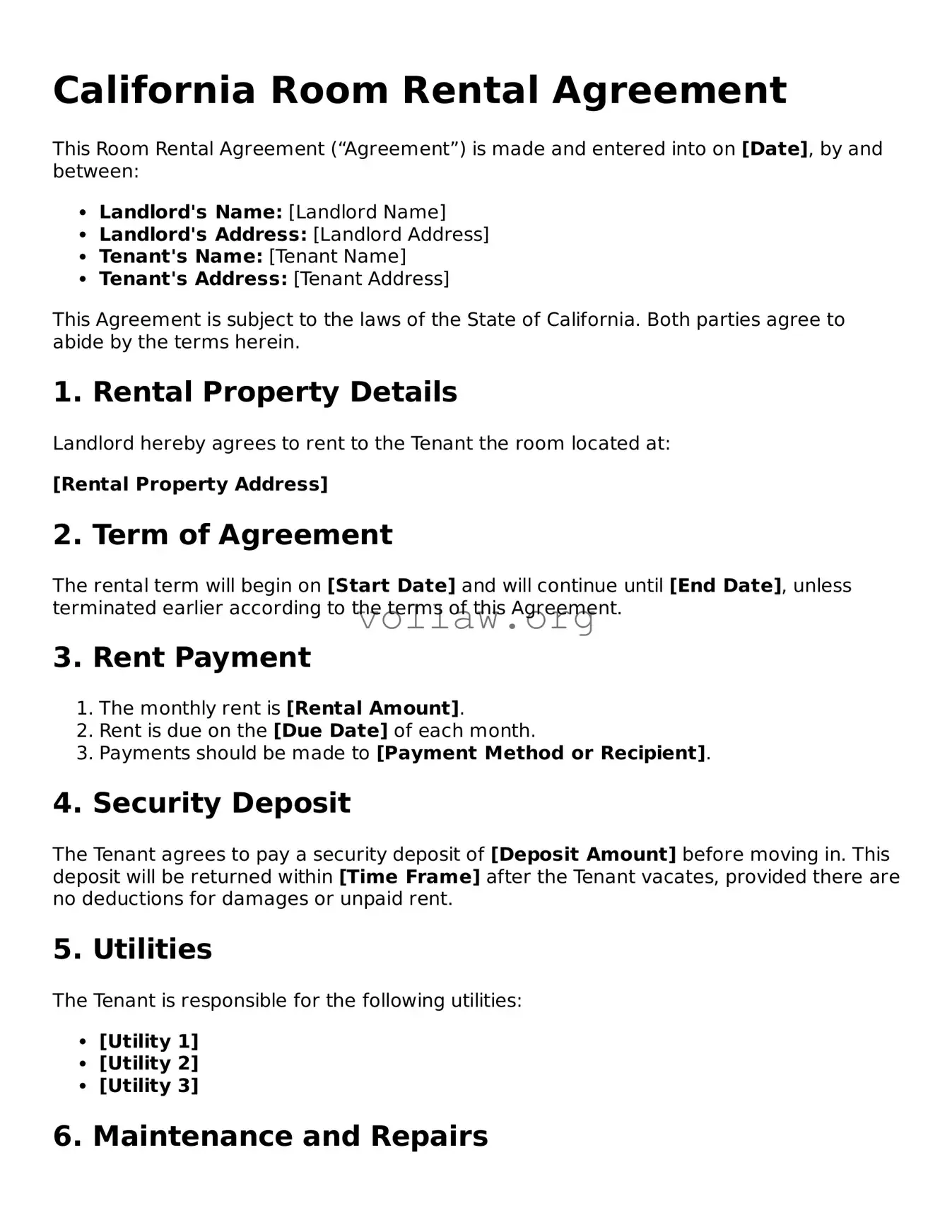 Attorney-Verified  Room Rental Agreement Form for California