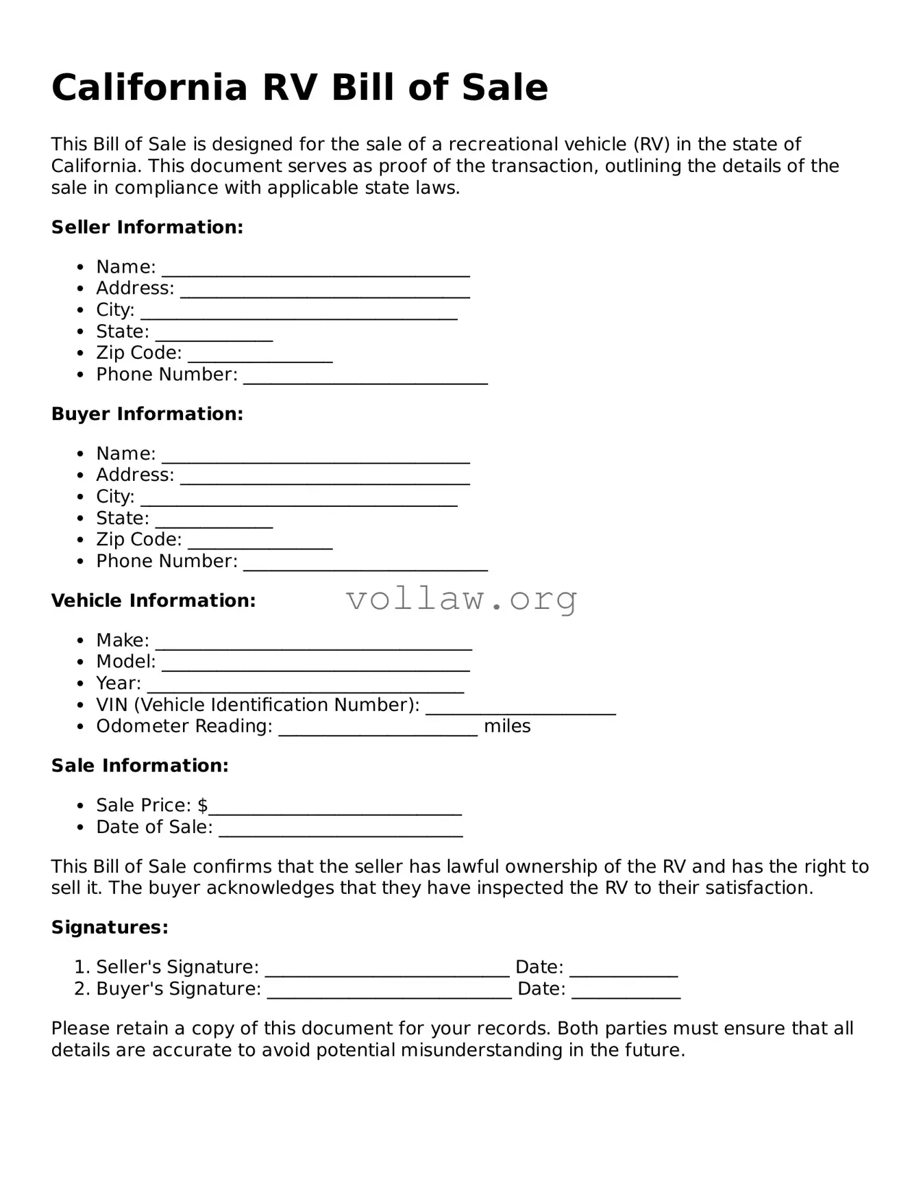 Attorney-Verified  RV Bill of Sale Form for California