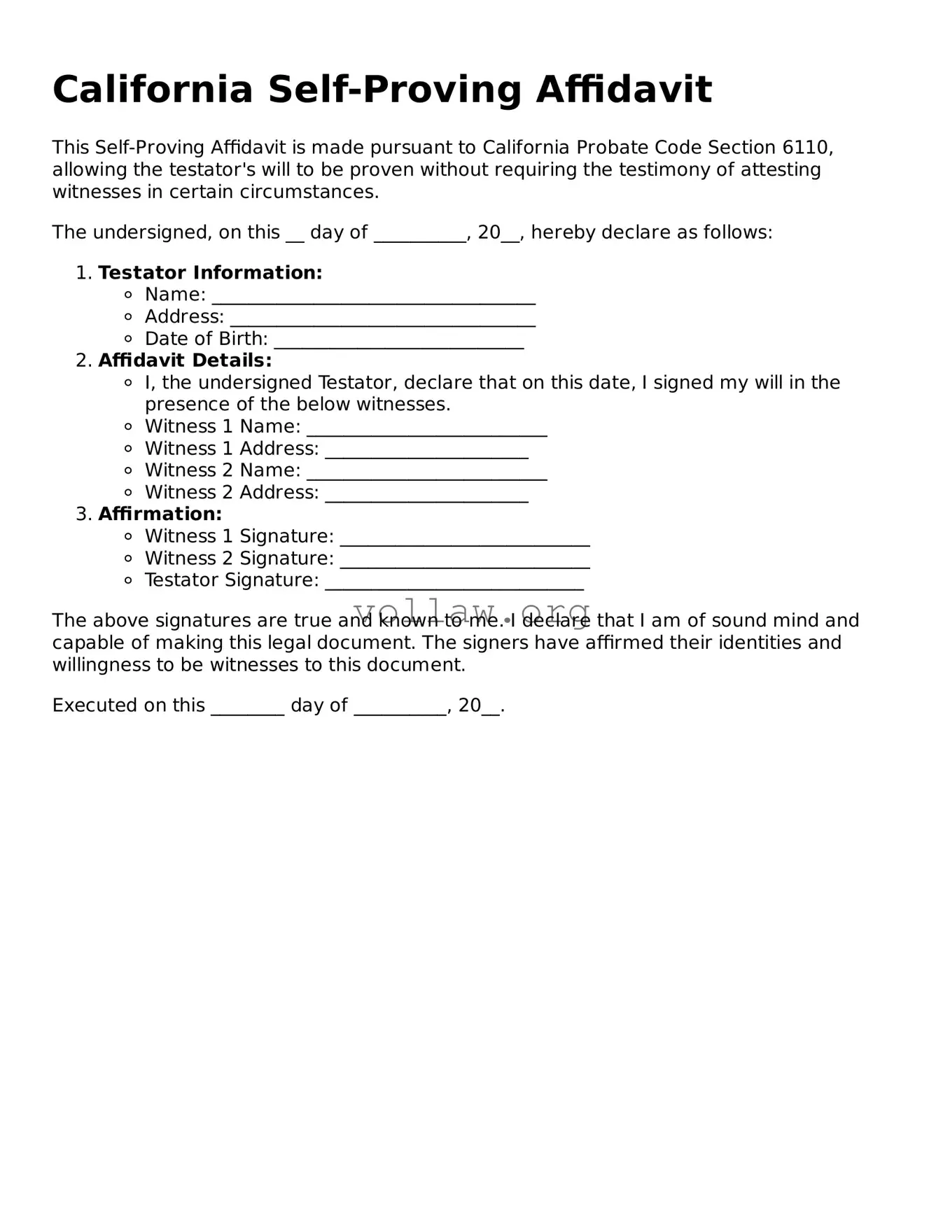 Attorney-Verified  Self-Proving Affidavit Form for California