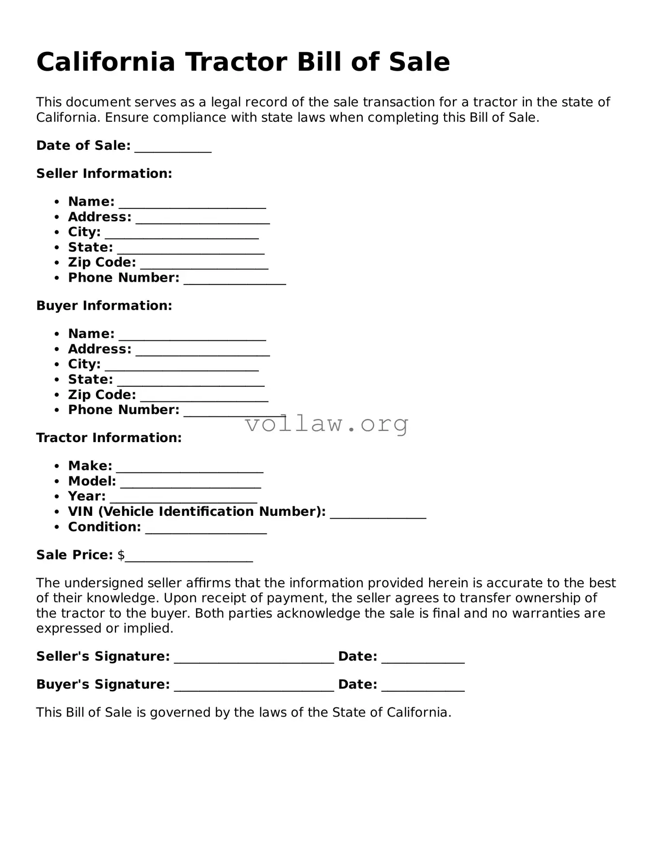 Attorney-Verified  Tractor Bill of Sale Form for California