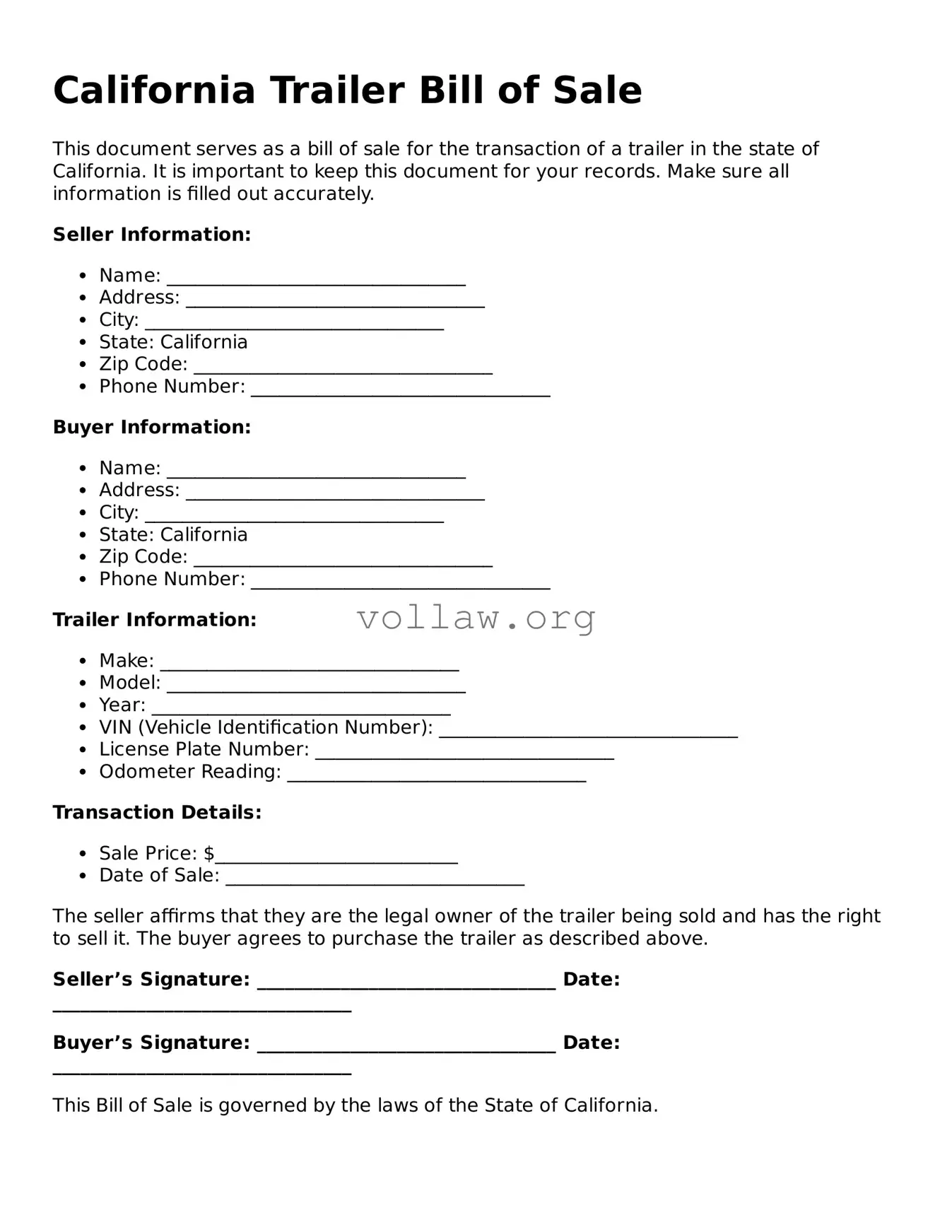 Attorney-Verified  Trailer Bill of Sale Form for California