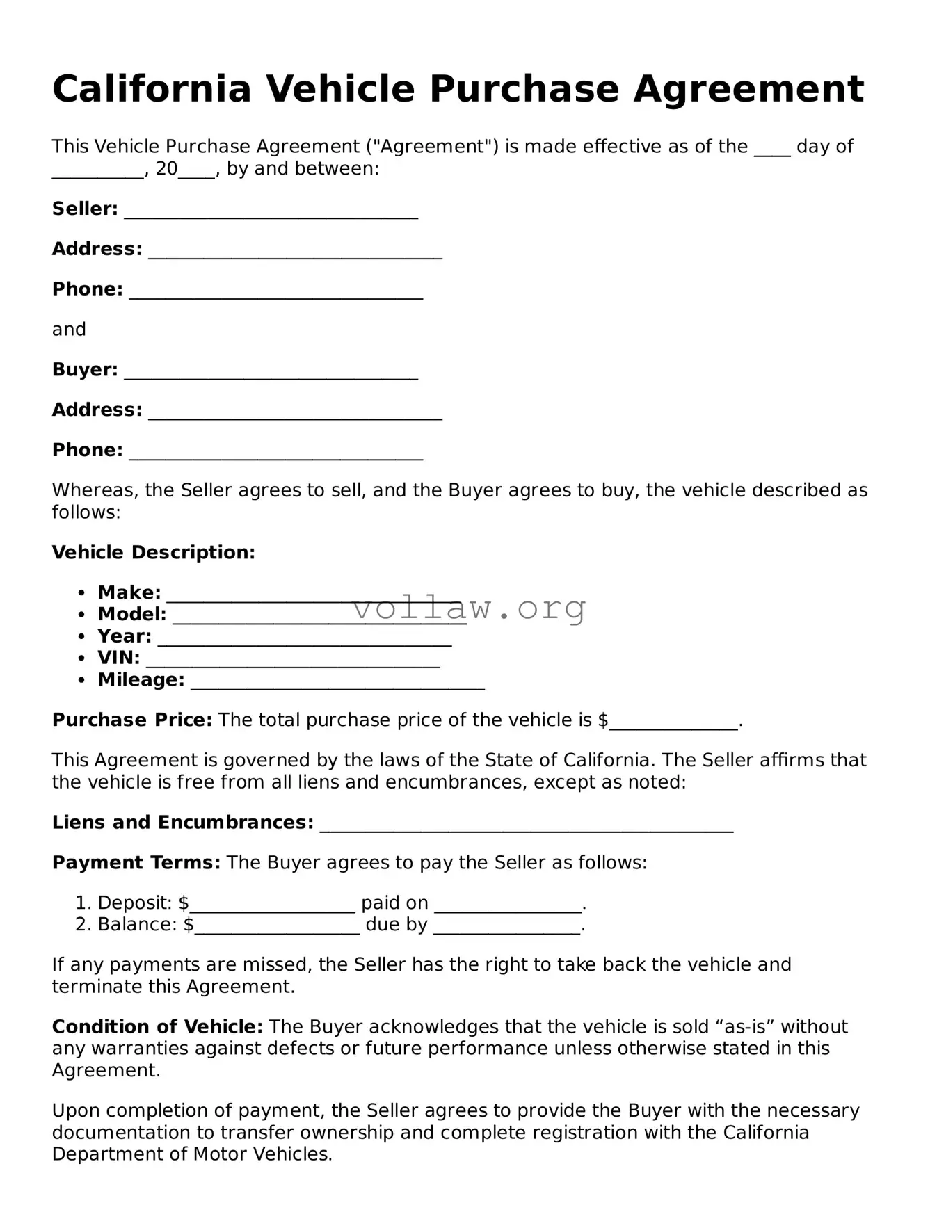 Attorney-Verified  Vehicle Purchase Agreement Form for California