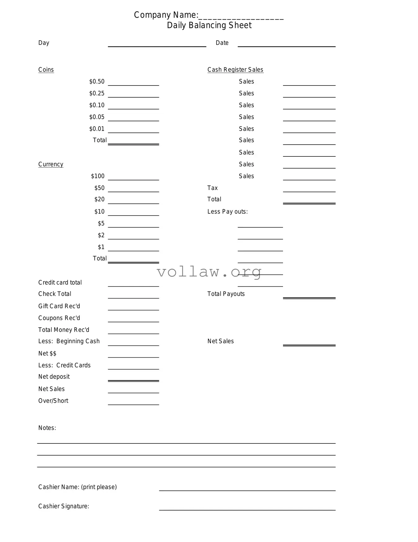 Cash Drawer Count Sheet Template