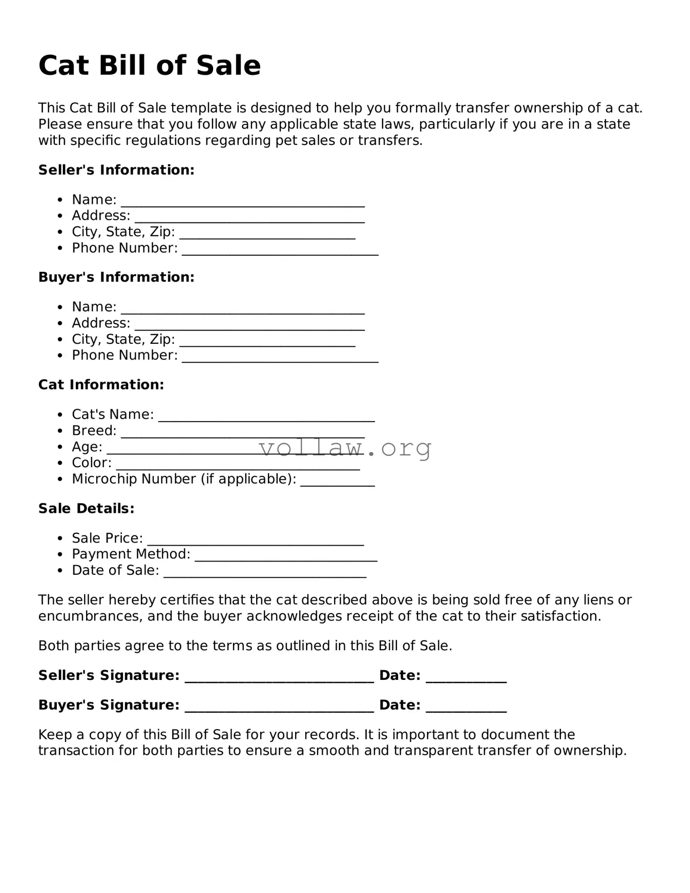 Free Cat Bill of Sale Form
