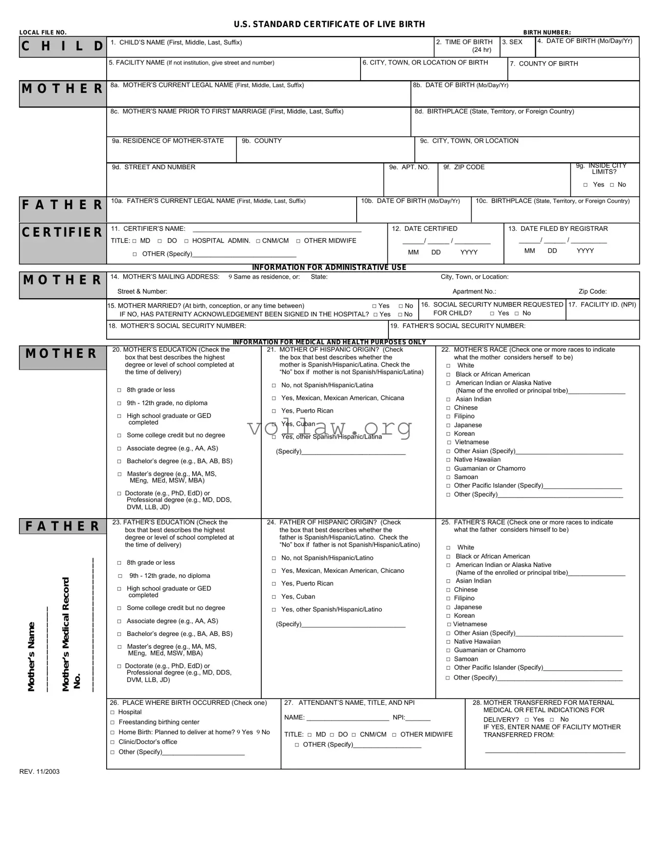 CDC U.S. Standard Certificate of Live Birth Template
