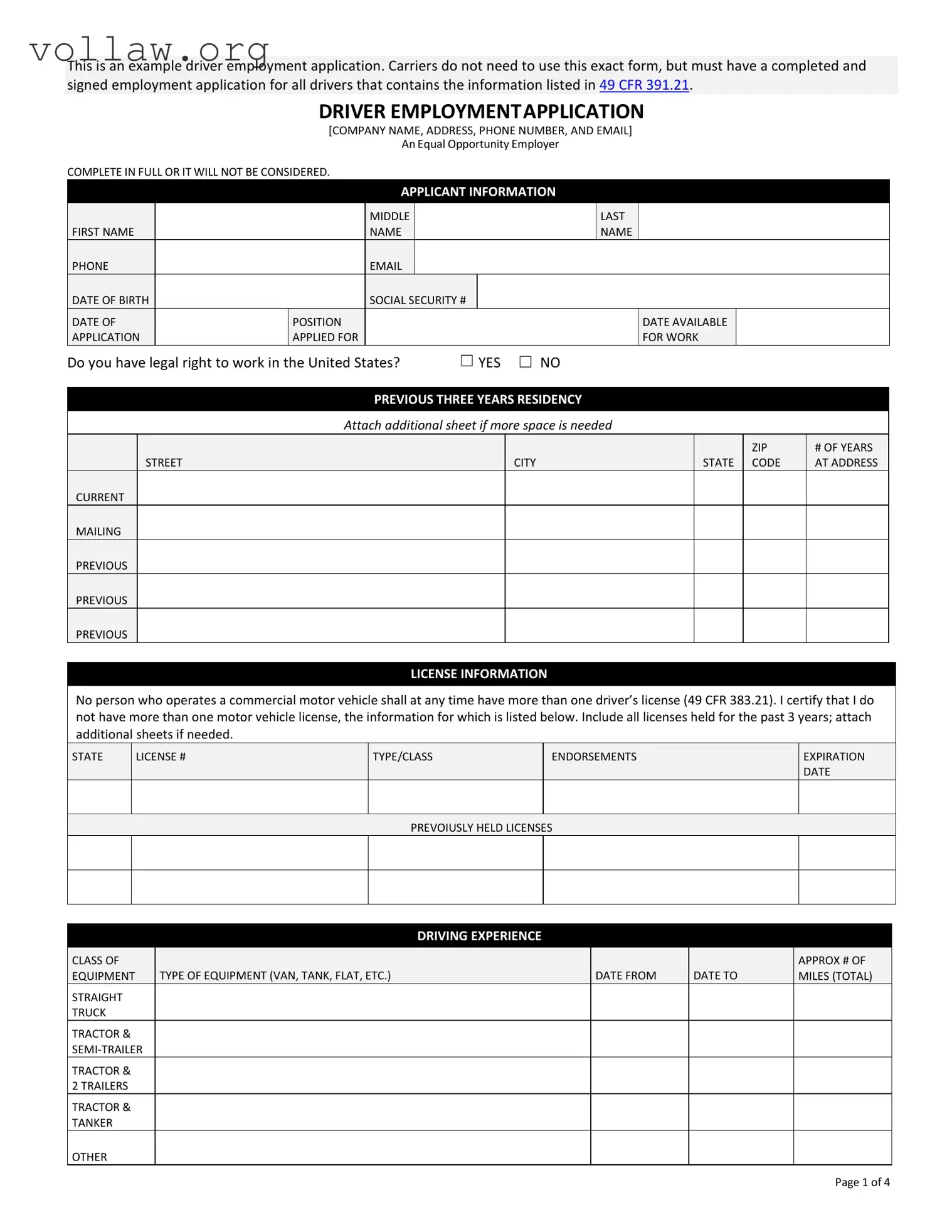Application For Driver Template