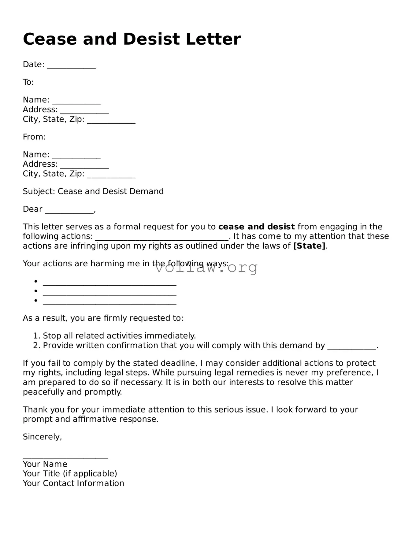 Free Cease and Desist Letter Form