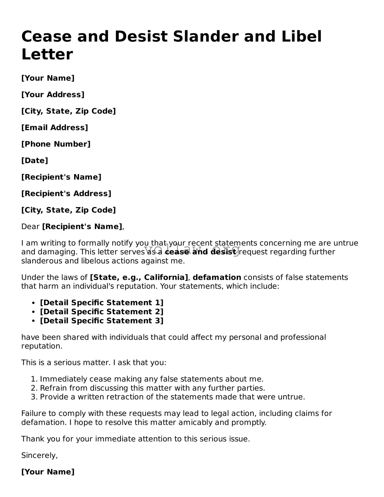 Free Cease and Desist Slander and Libel Letter Form