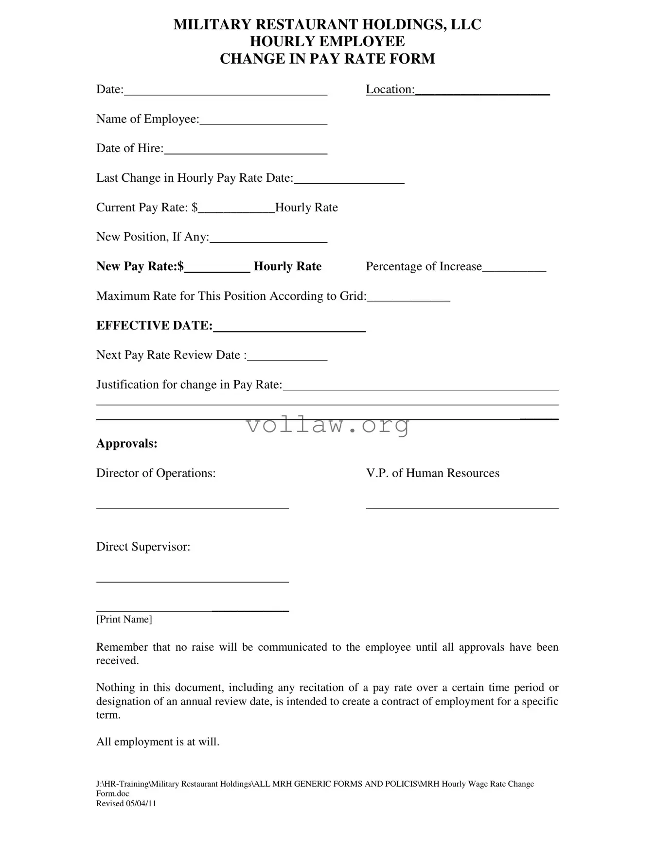 Change Pay Rate Template