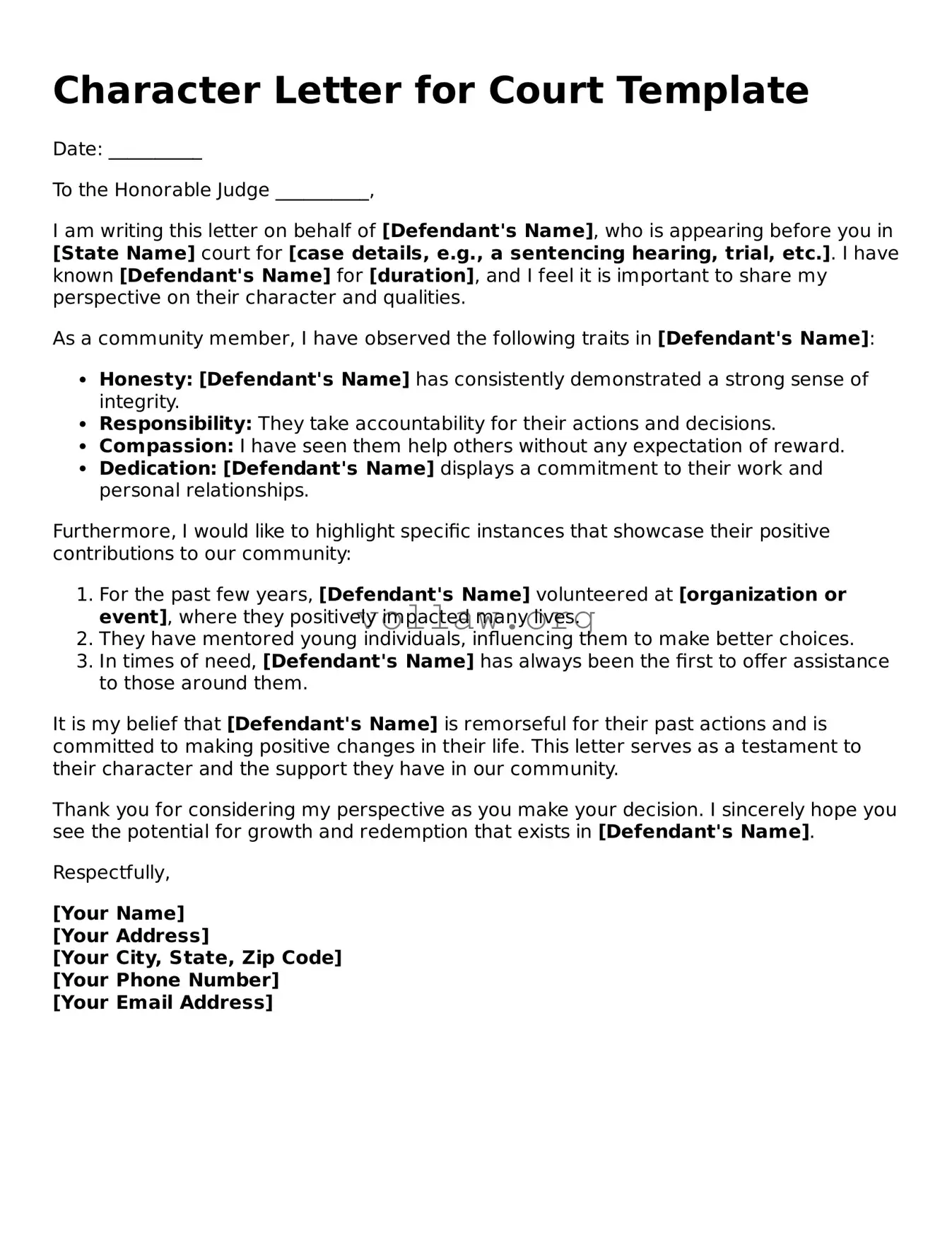 Free Character Letter for Court Form