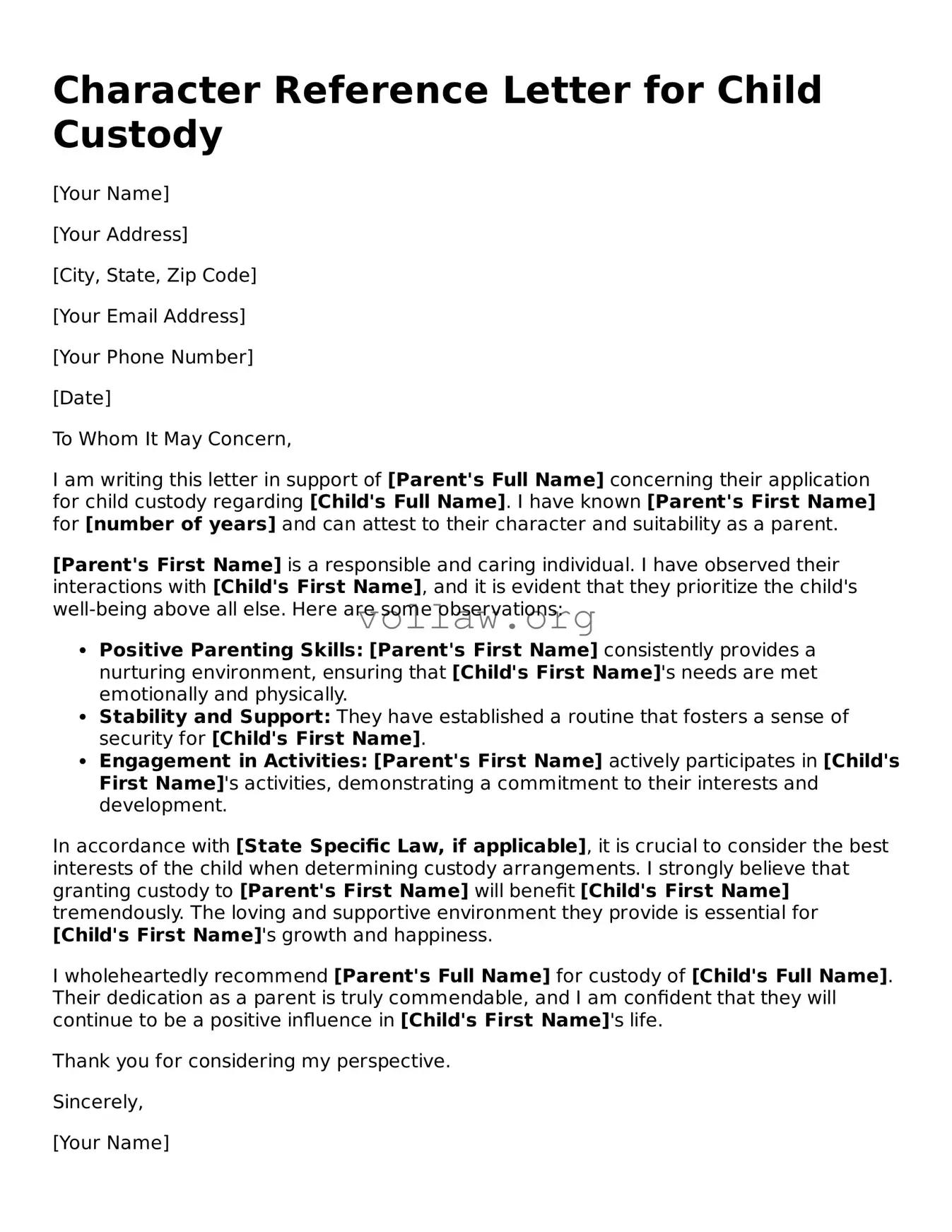Free Character Reference Letter for Child Custody Form