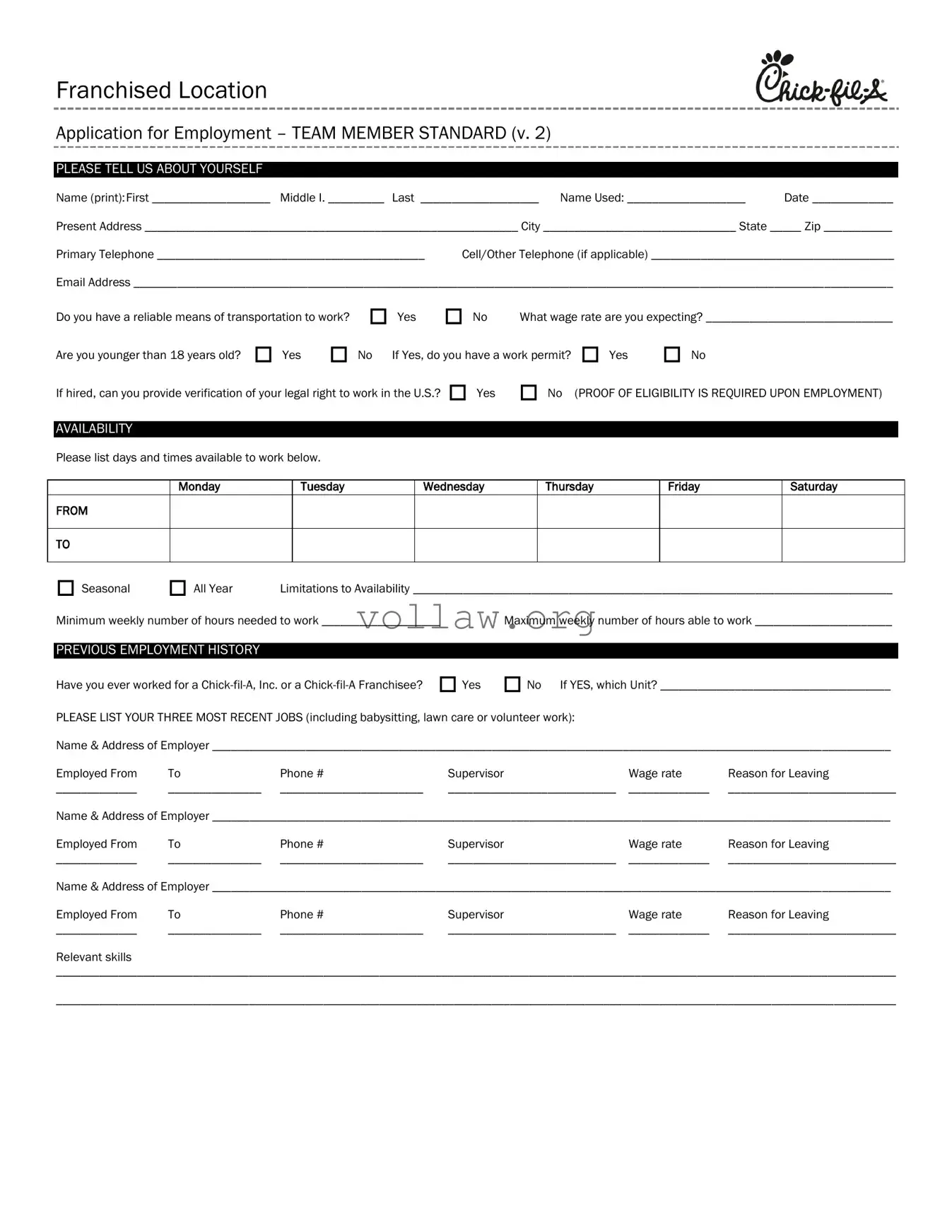 Chick Fil A Job Application Template