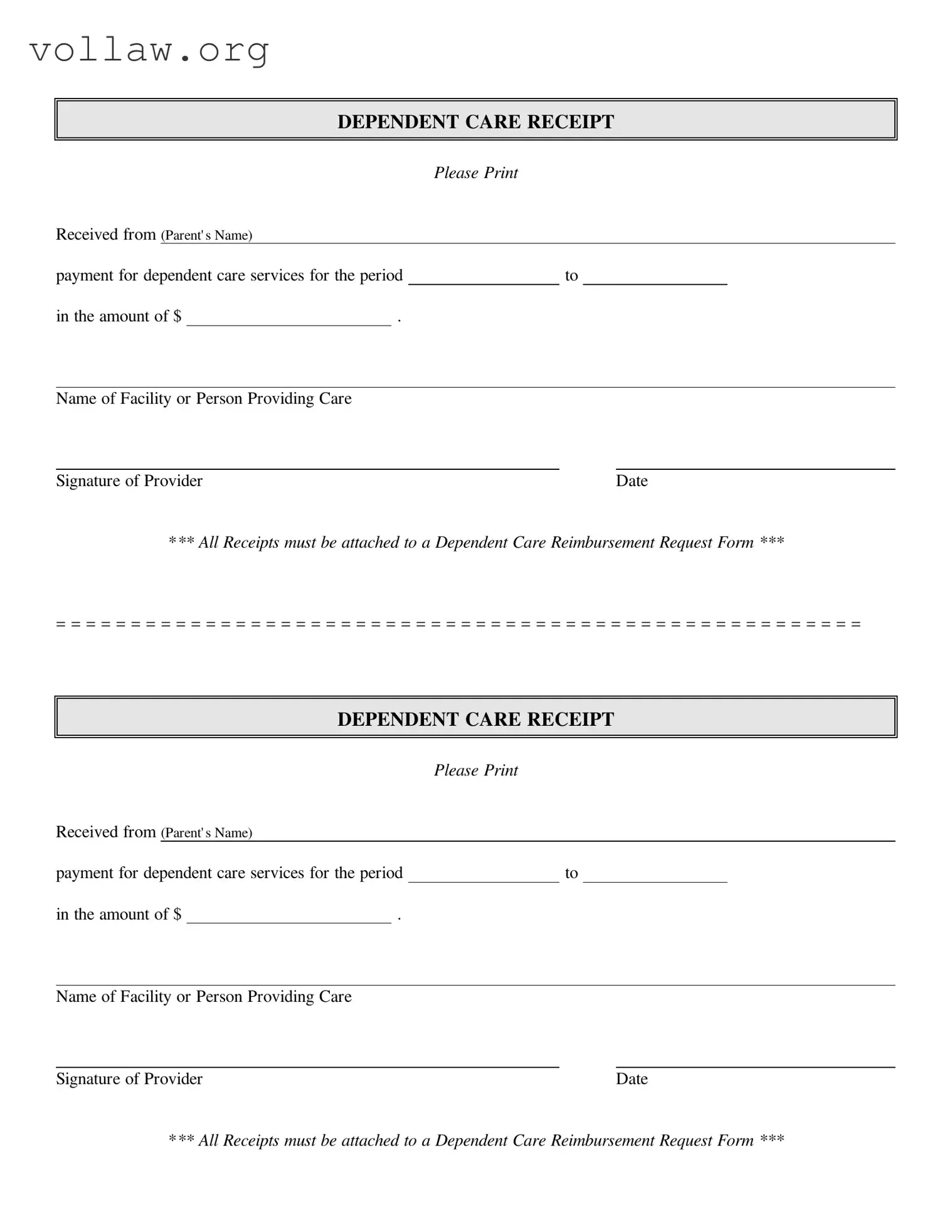 Dependent Care Receipt Template