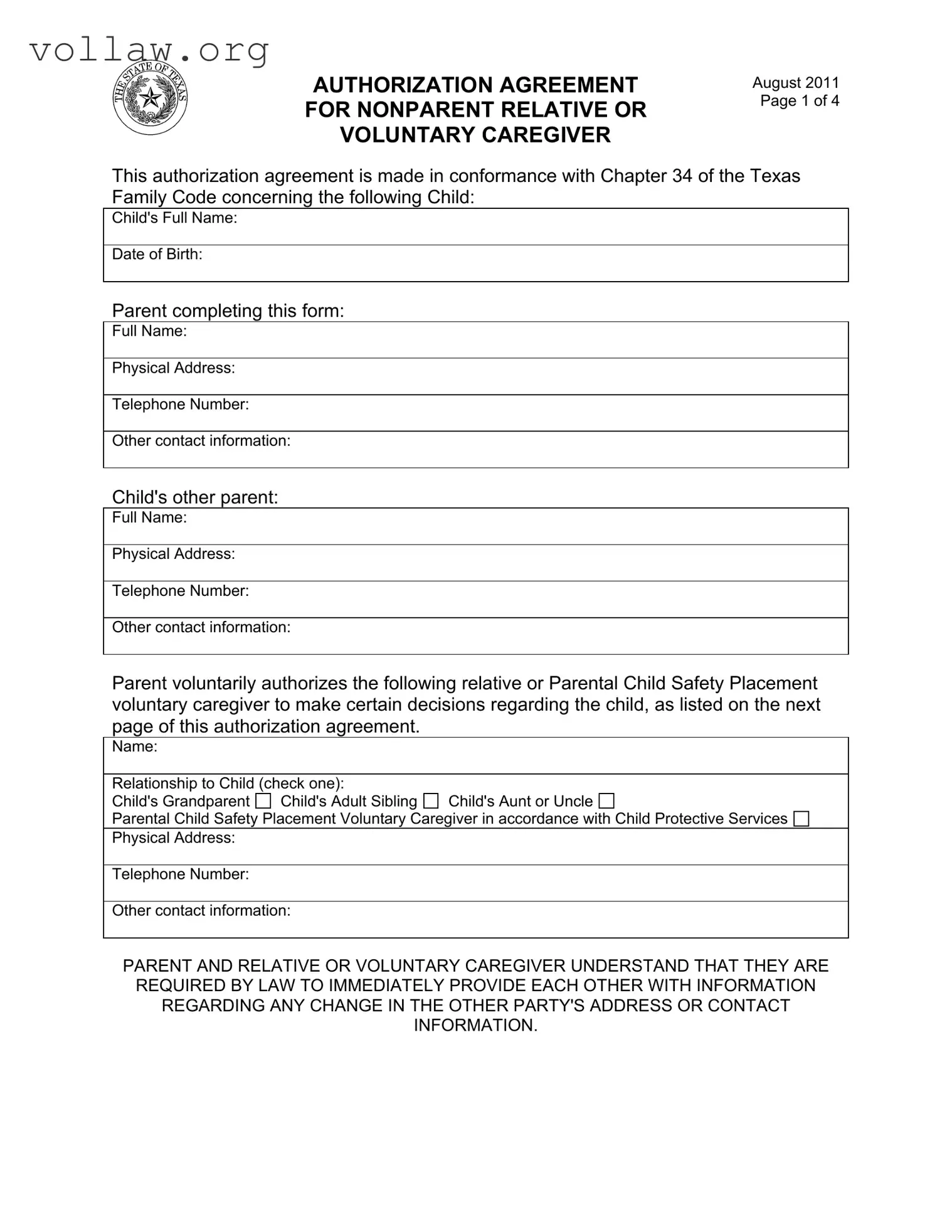 Agreement Nonparent Relative Caregiver Template