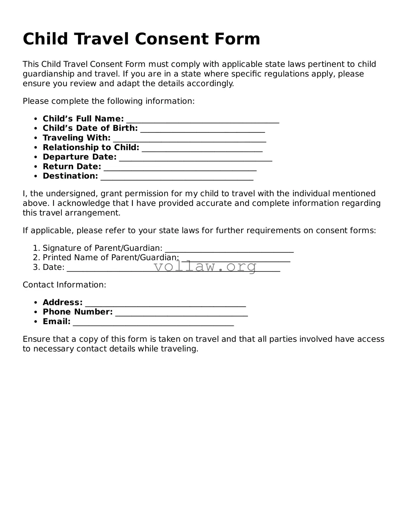 Free Child Travel Consent Form Form