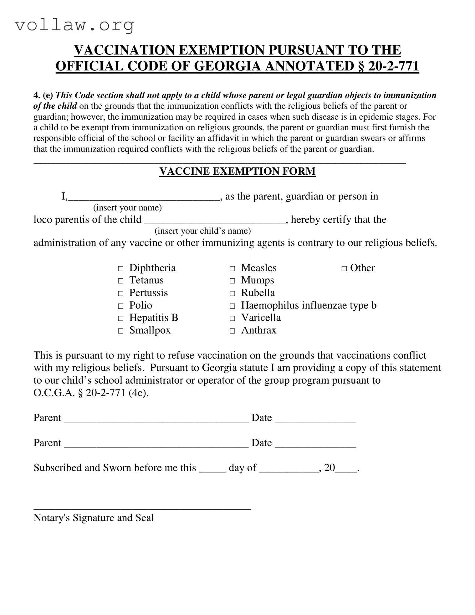 Ga Vaccine Exemption Template