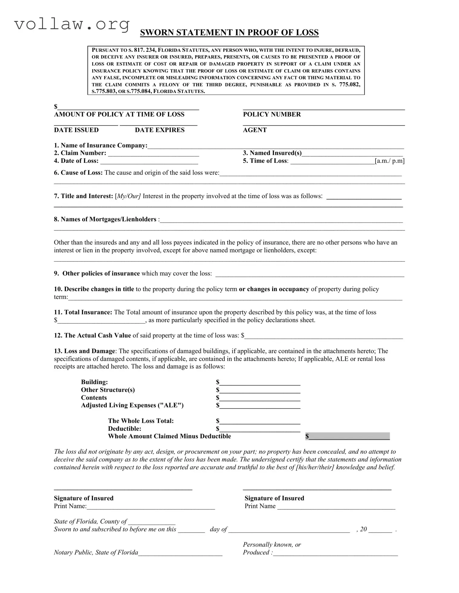 Florida Proof Loss Template