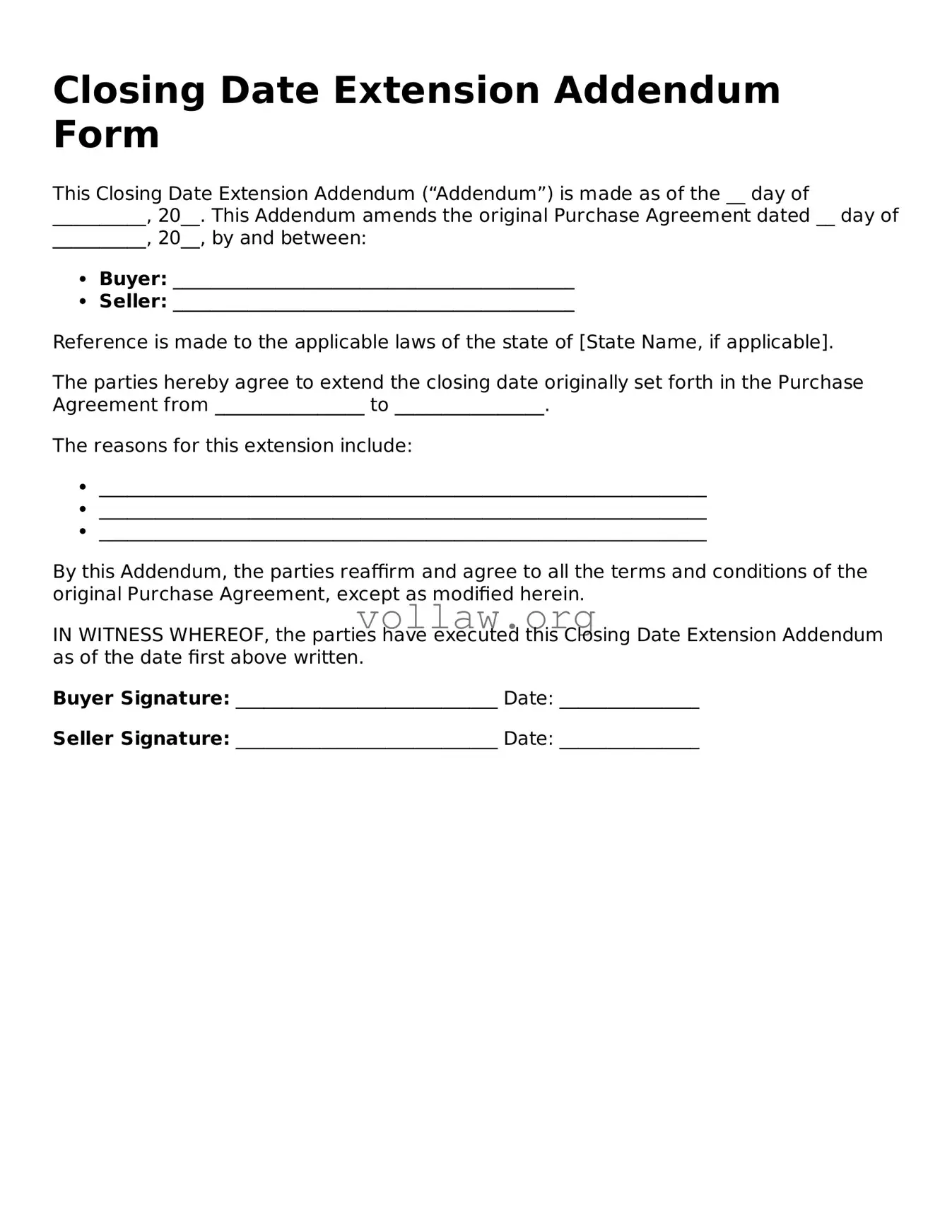 Free Closing Date Extension Addendum Form Form