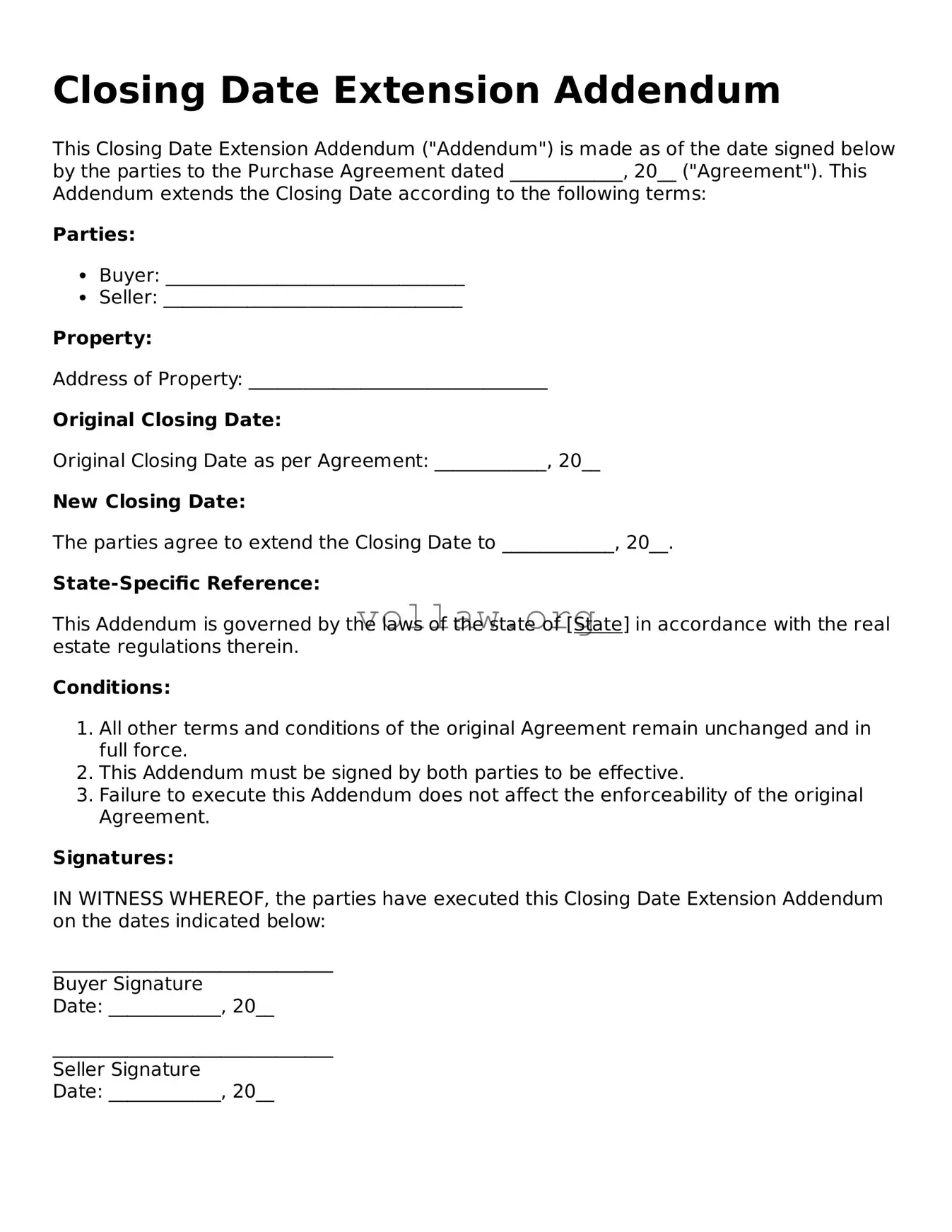 Free Closing Date Extension Addendum Form