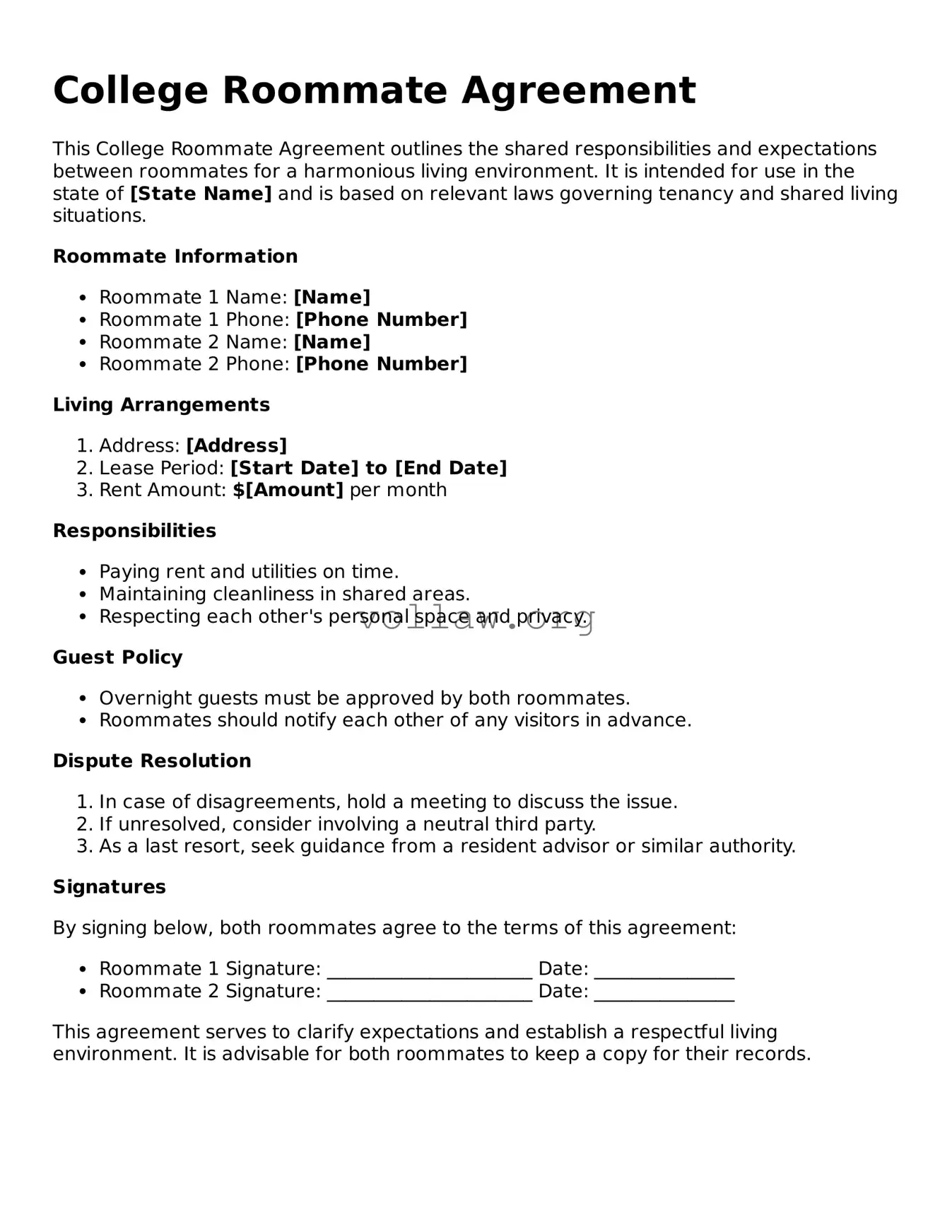 Free College Roommate Agreement Form