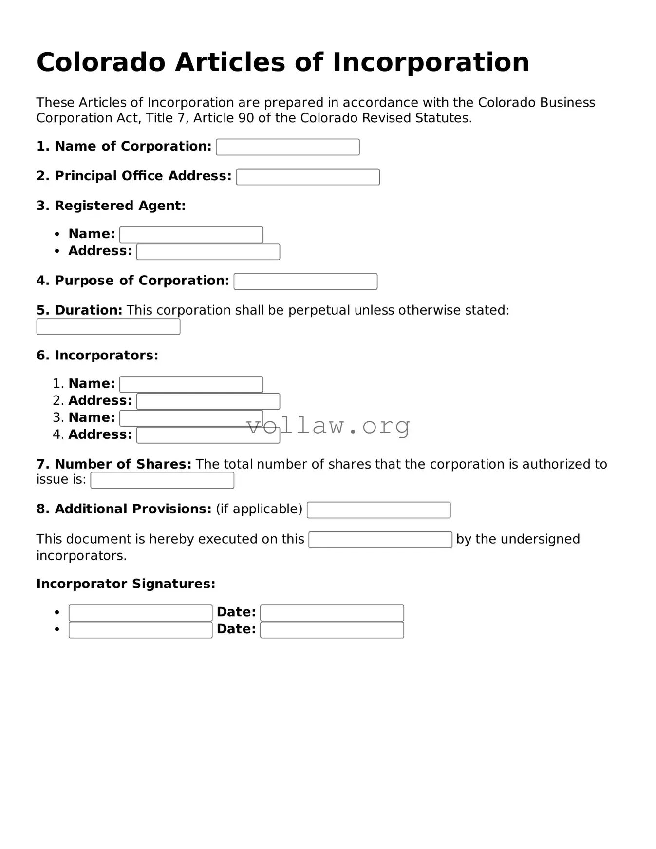 Attorney-Verified  Articles of Incorporation Form for Colorado