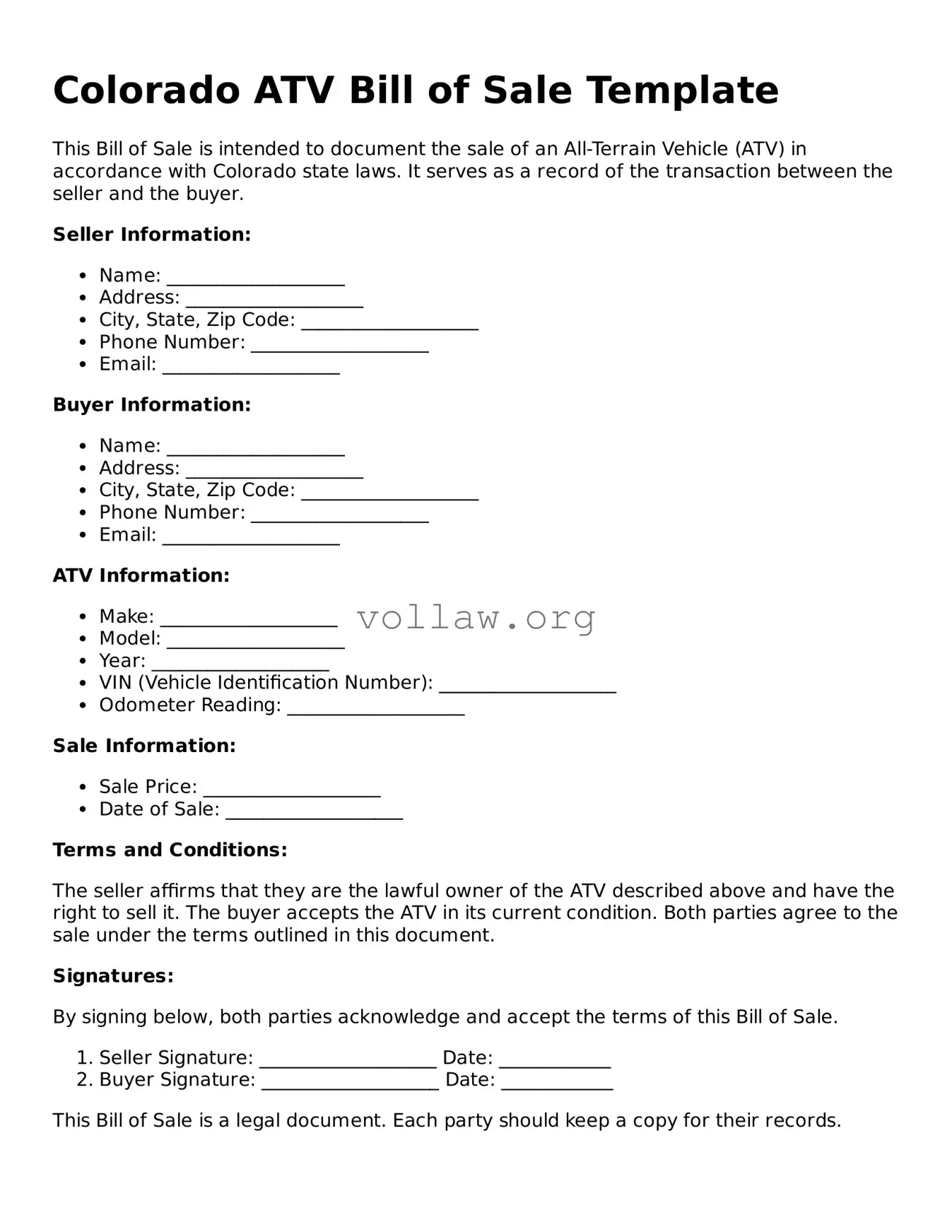 Attorney-Verified  ATV Bill of Sale Form for Colorado