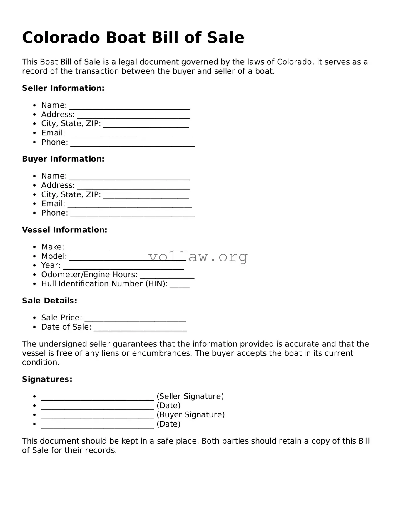 Attorney-Verified  Boat Bill of Sale Form for Colorado