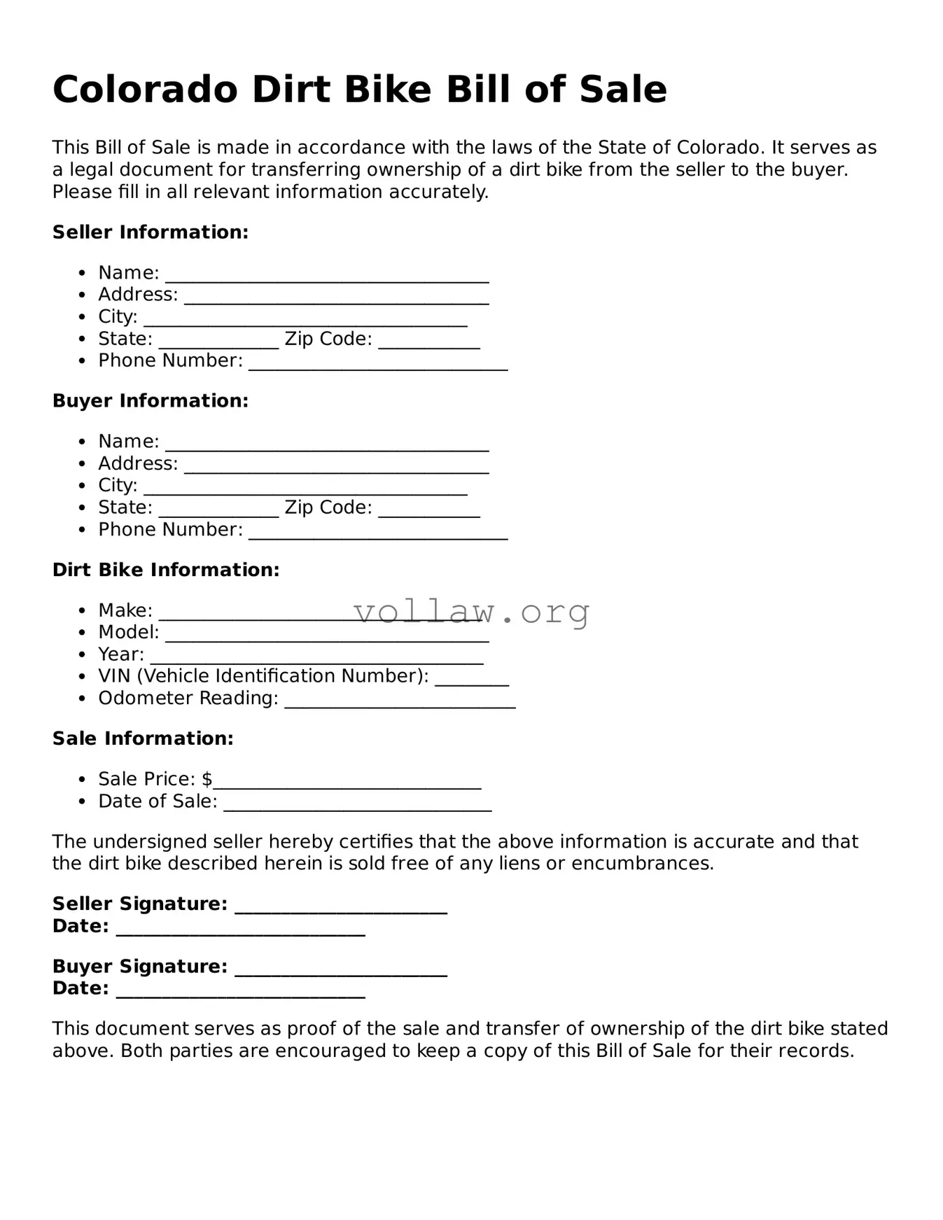 Attorney-Verified  Dirt Bike Bill of Sale Form for Colorado