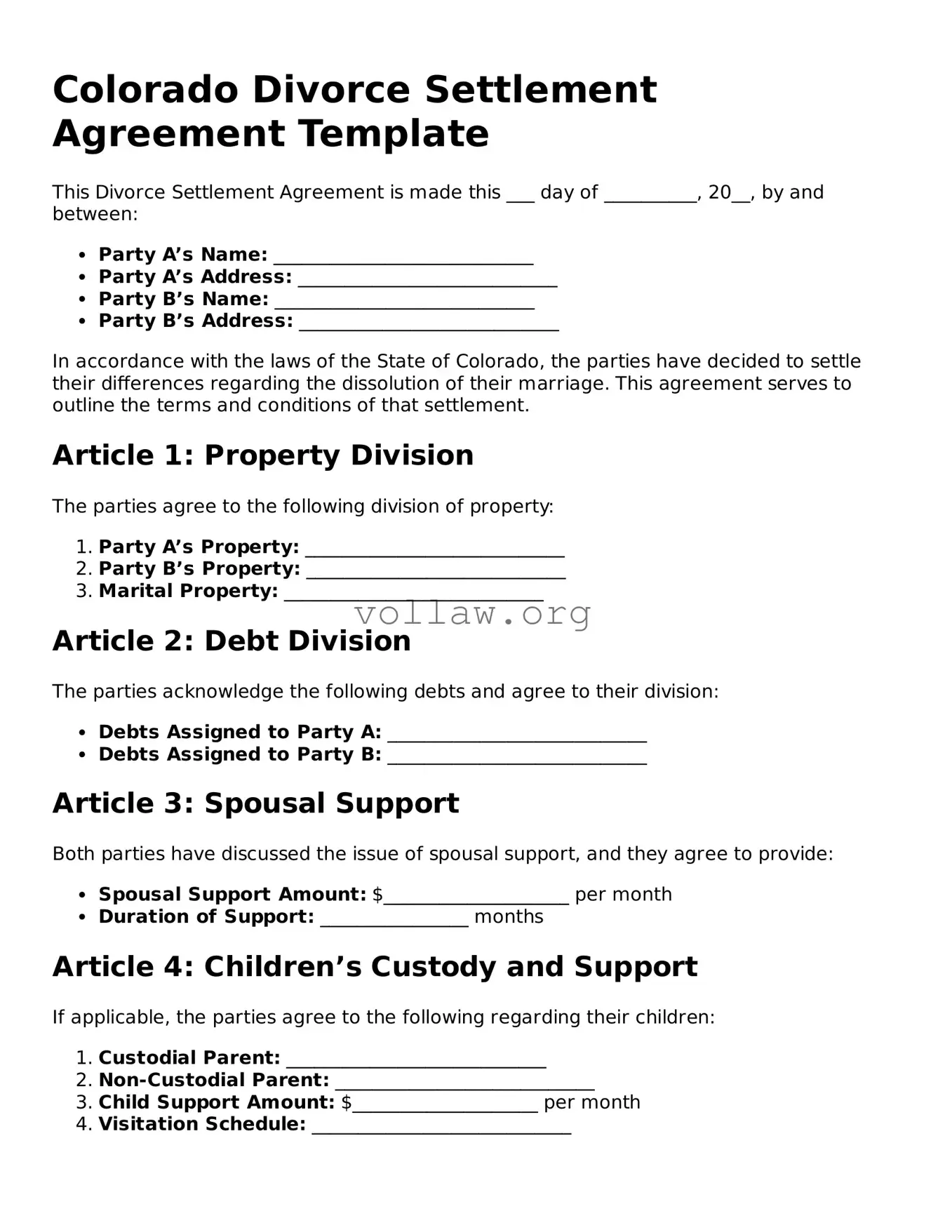 Attorney-Verified  Divorce Settlement Agreement Form for Colorado