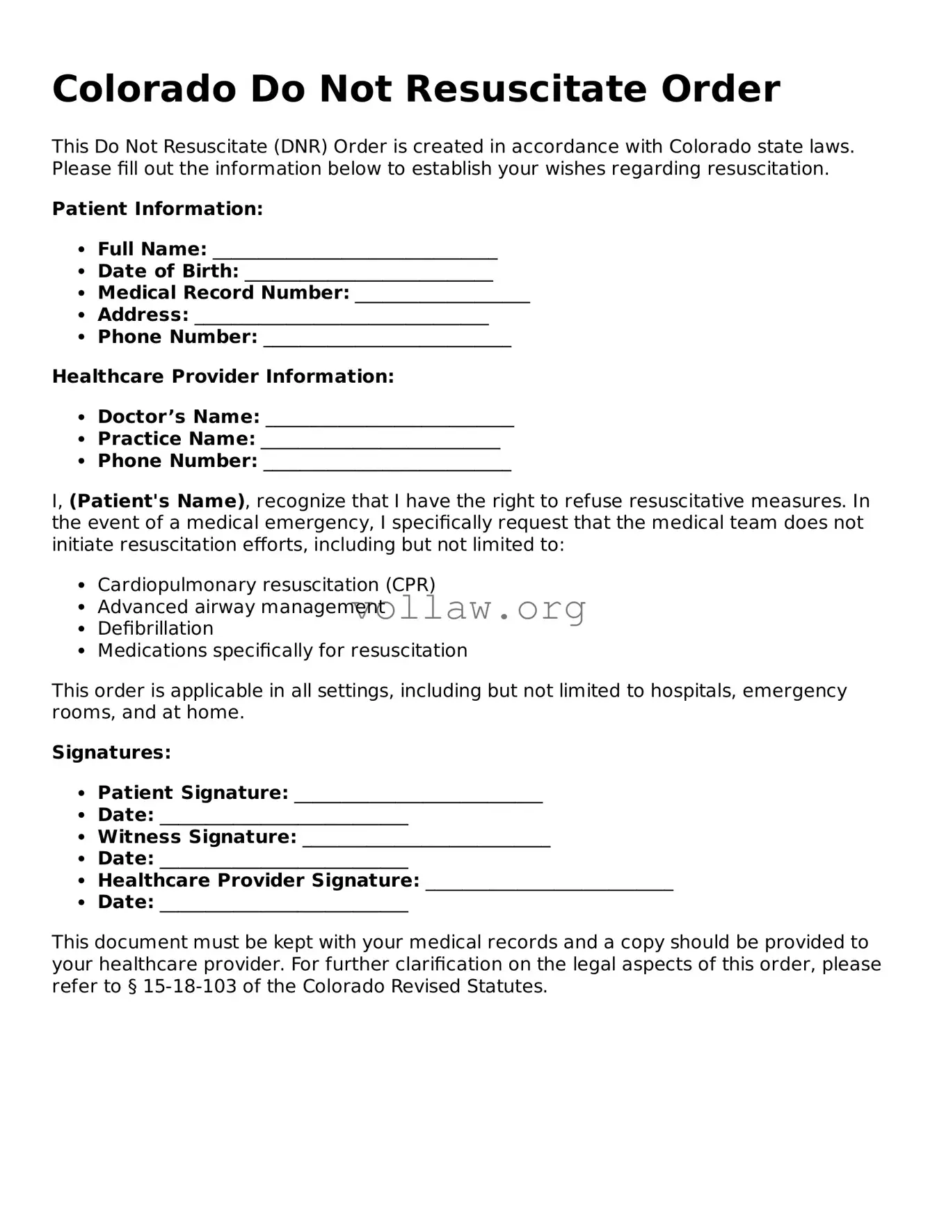 Attorney-Verified  Do Not Resuscitate Order Form for Colorado