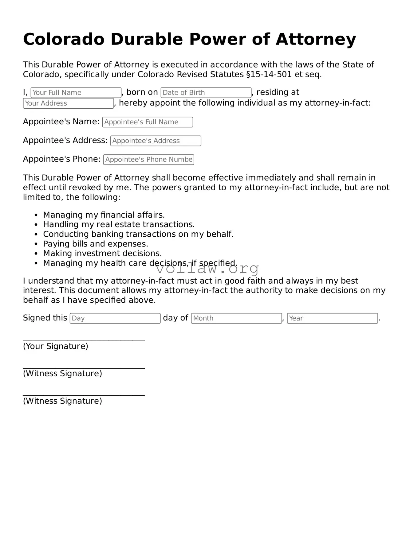 Attorney-Verified  Durable Power of Attorney Form for Colorado