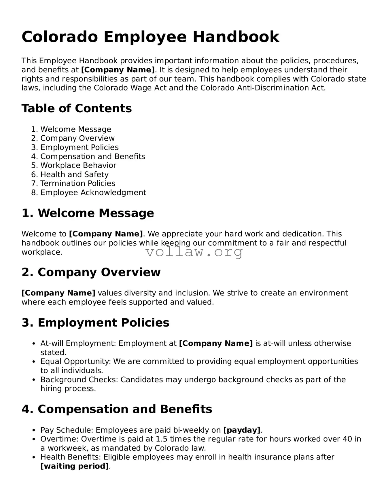 Attorney-Verified  Employee Handbook Form for Colorado