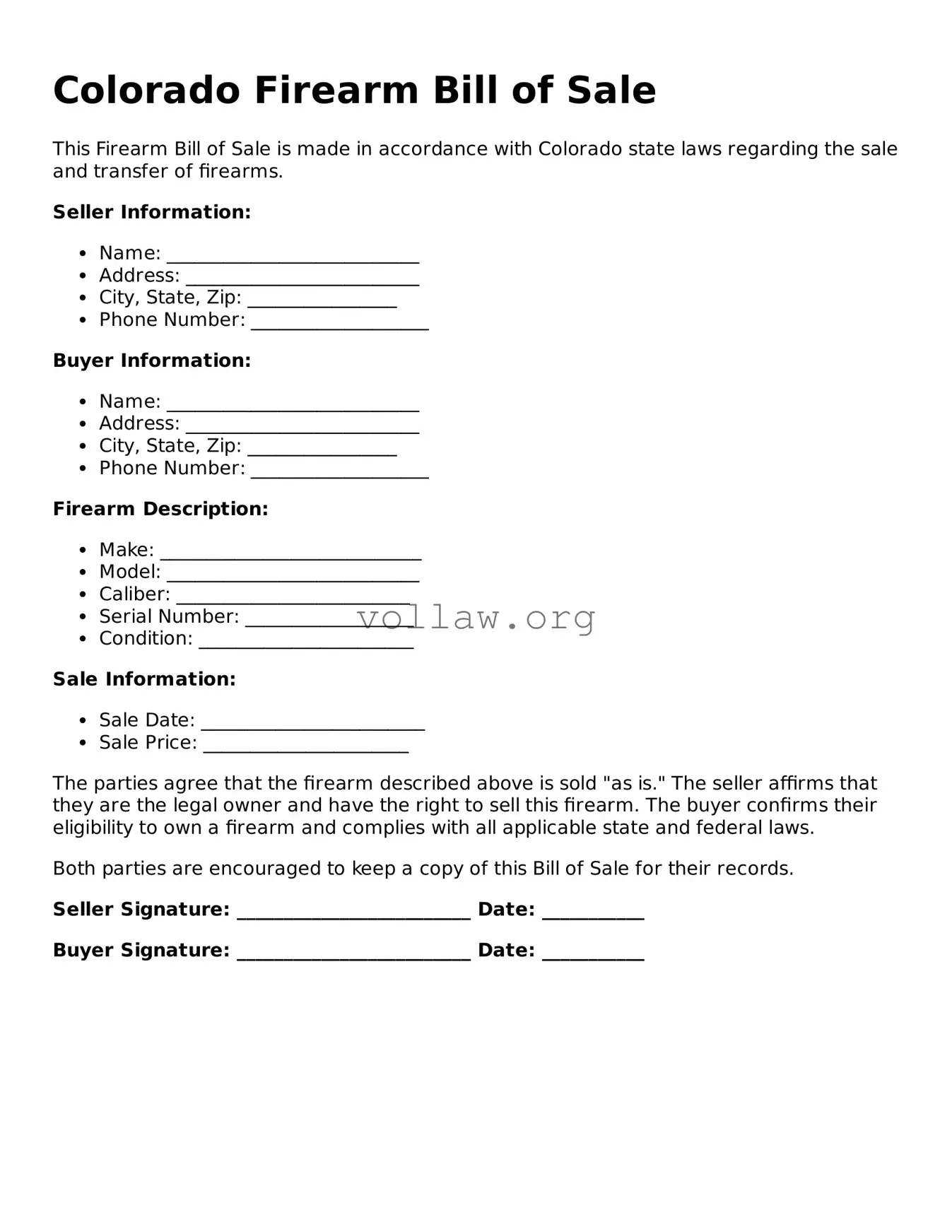 Attorney-Verified  Firearm Bill of Sale Form for Colorado