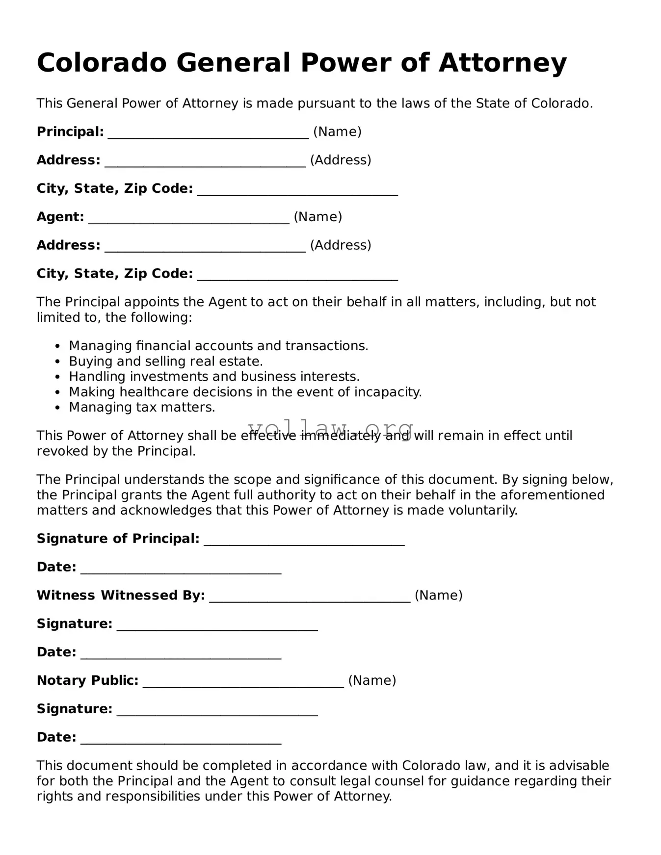 Attorney-Verified  General Power of Attorney Form for Colorado