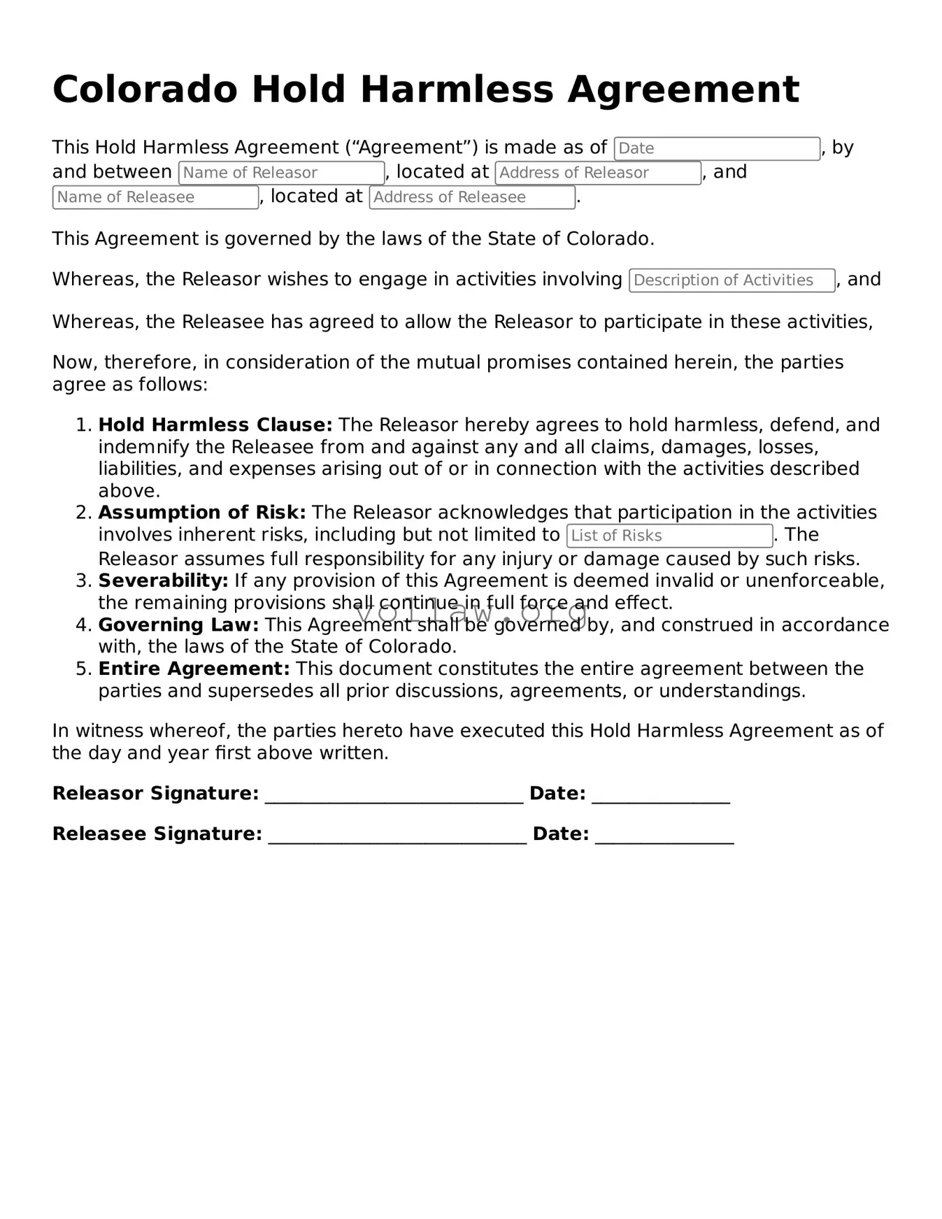 Attorney-Verified  Hold Harmless Agreement Form for Colorado