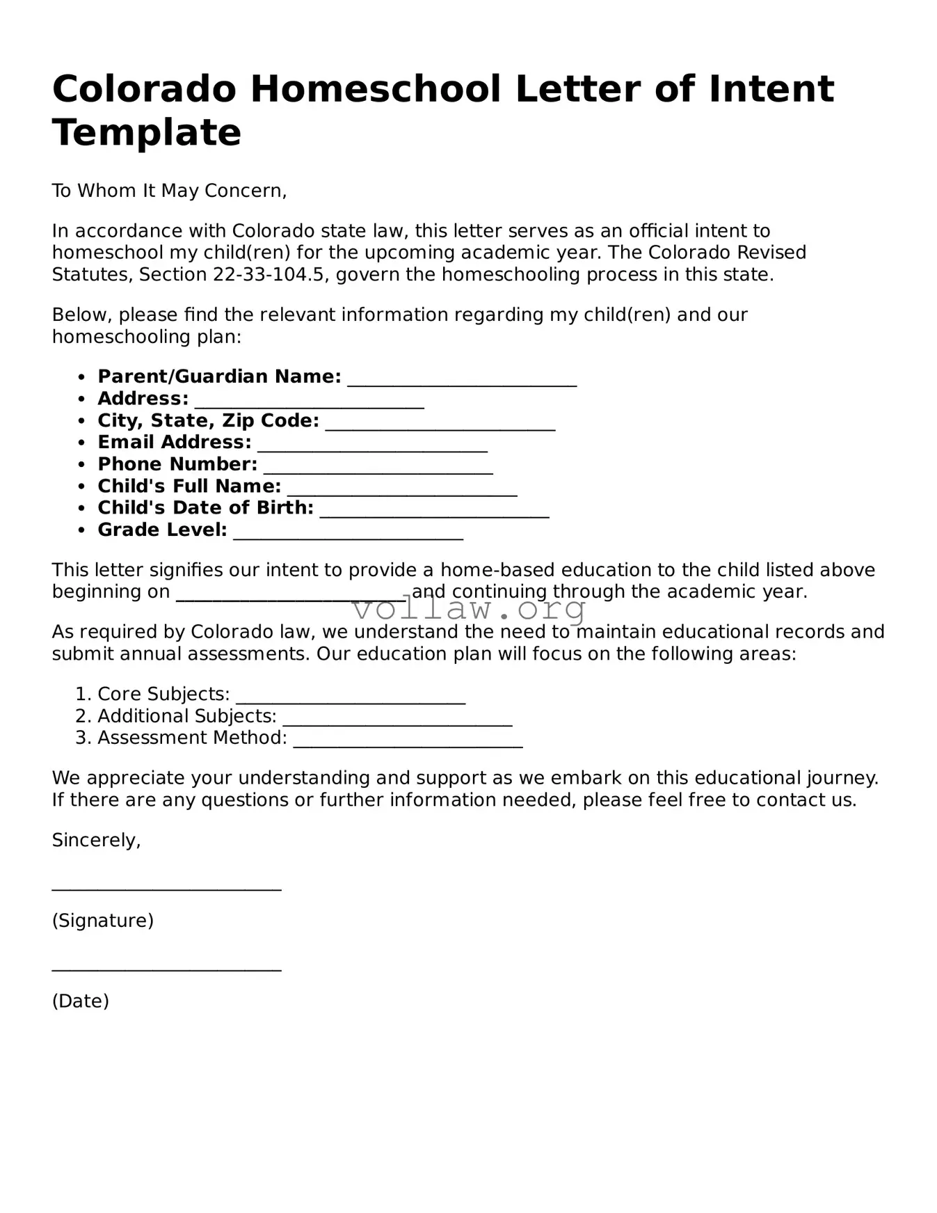 Attorney-Verified  Homeschool Letter of Intent Form for Colorado